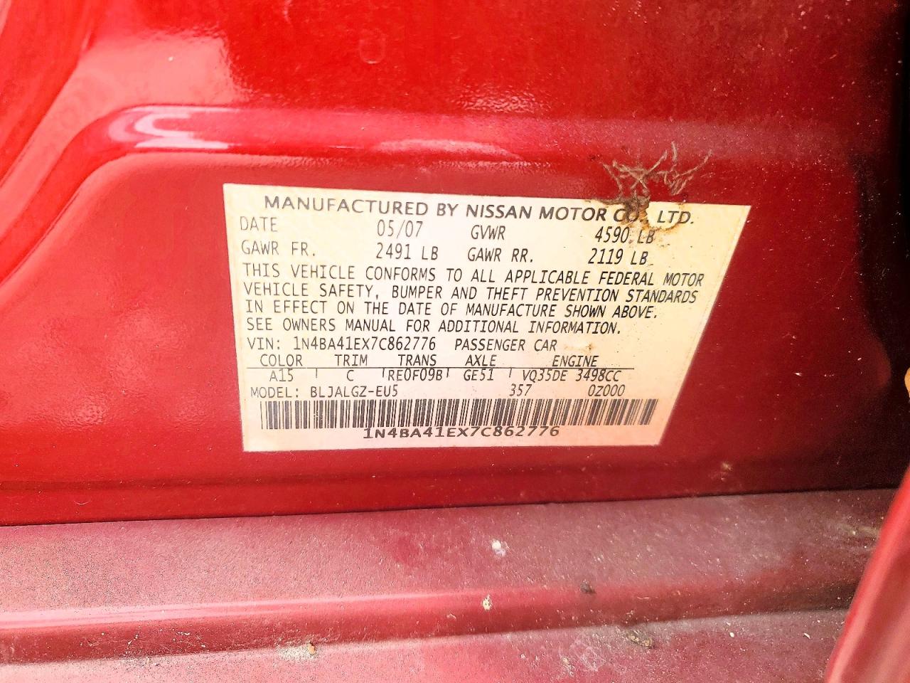 2007 Nissan Maxima Se Red vin: 1N4BA41EX7C862776