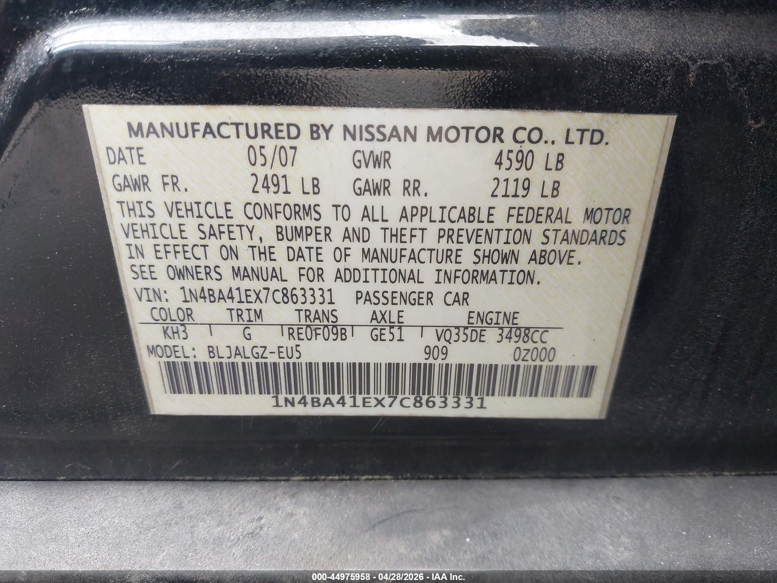 2007 Nissan Maxima 3.5 Sl Черный vin: 1N4BA41EX7C863331