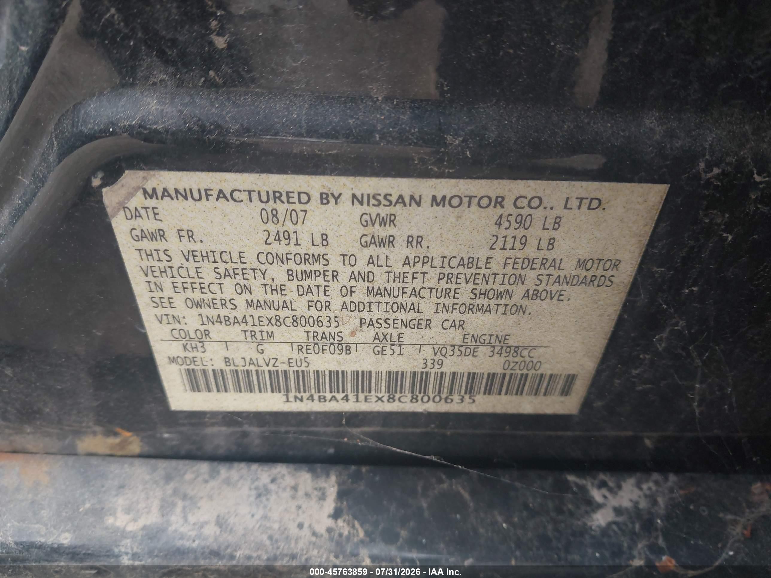 2008 Nissan Maxima 3.5 Se Black vin: 1N4BA41EX8C800635