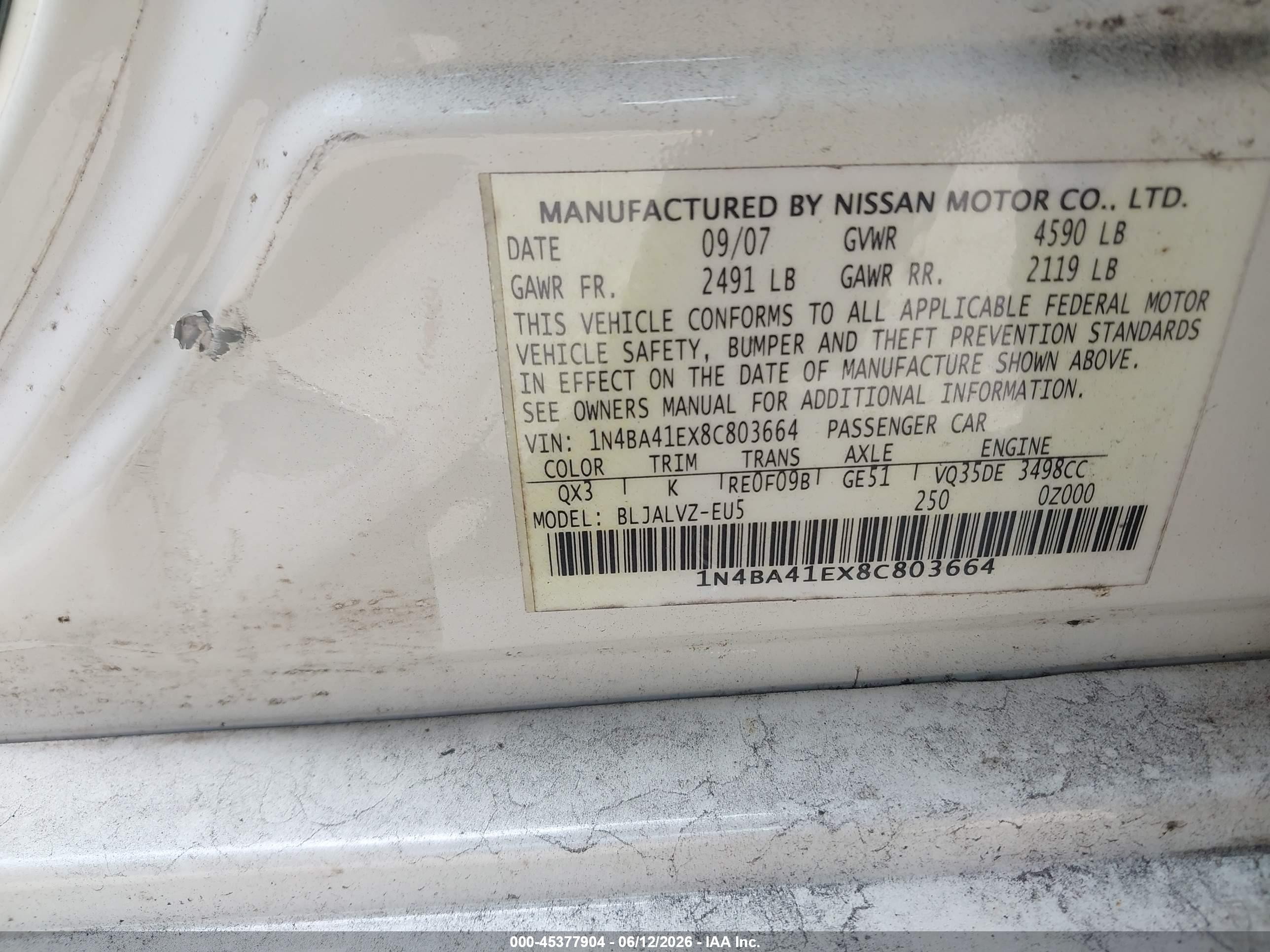 2008 Nissan Maxima 3.5 Se White vin: 1N4BA41EX8C803664