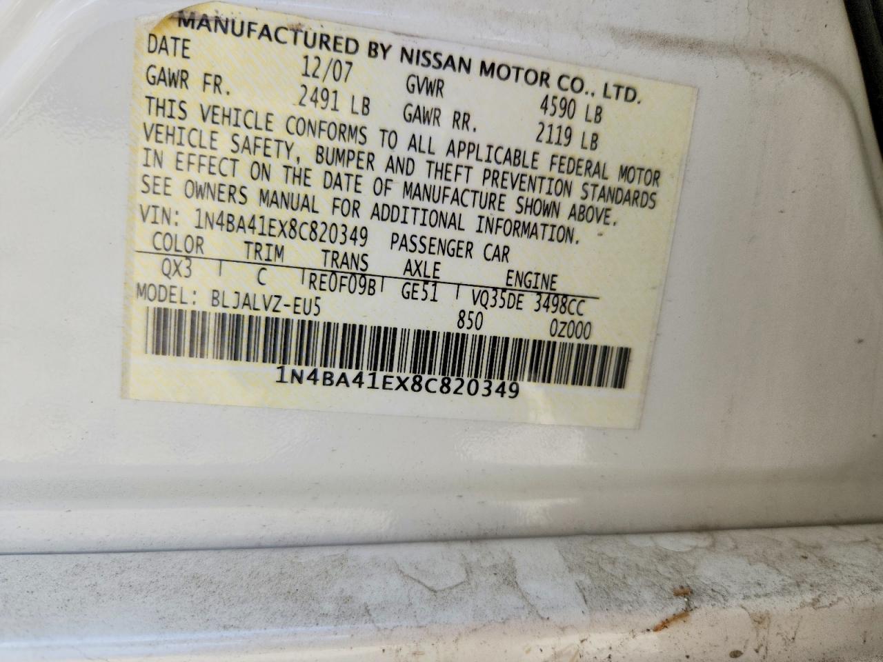 2008 Nissan Maxima 3.5 Se White vin: 1N4BA41EX8C820349