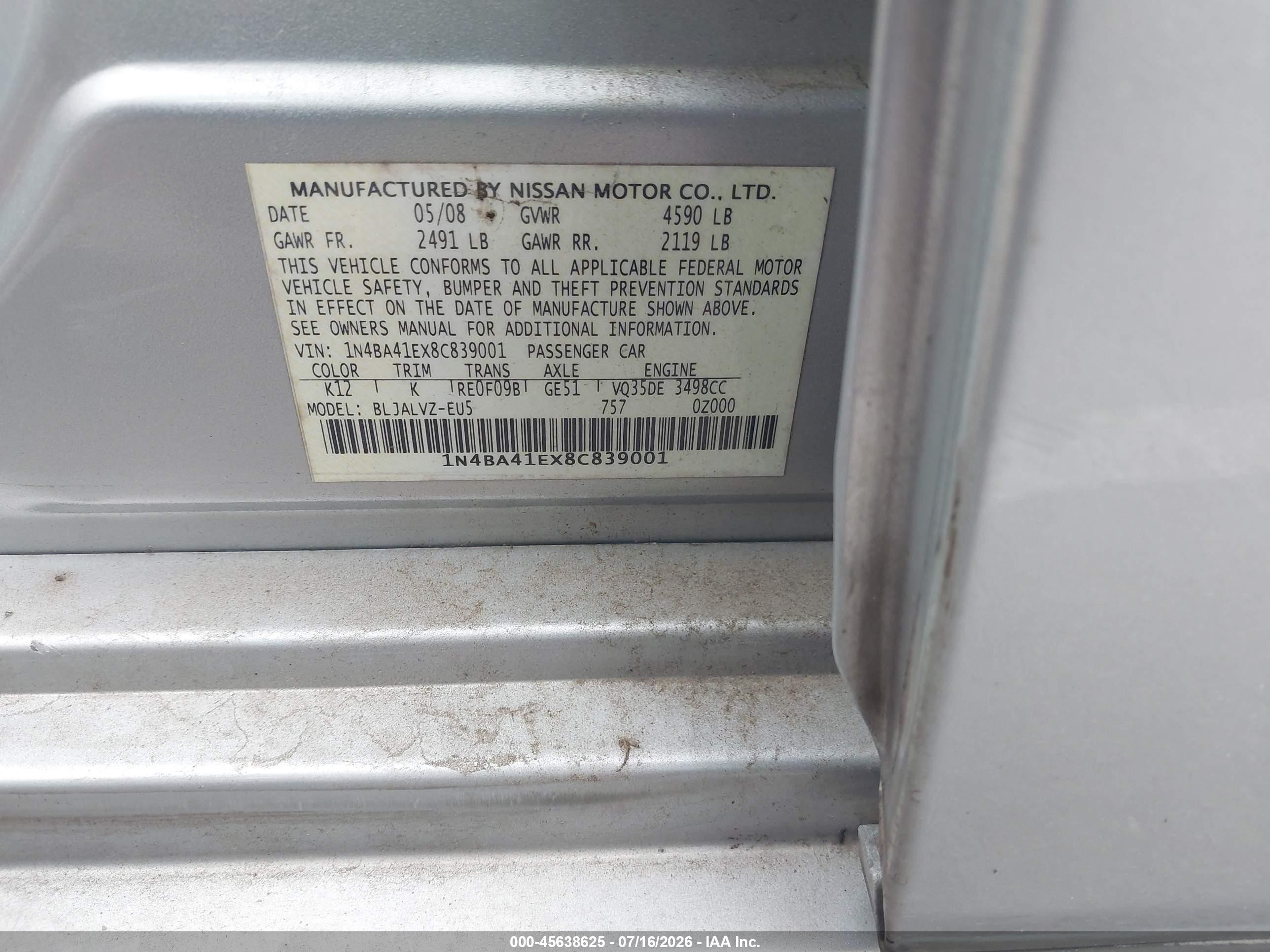 2008 Nissan Maxima 3.5 Se Gray vin: 1N4BA41EX8C839001