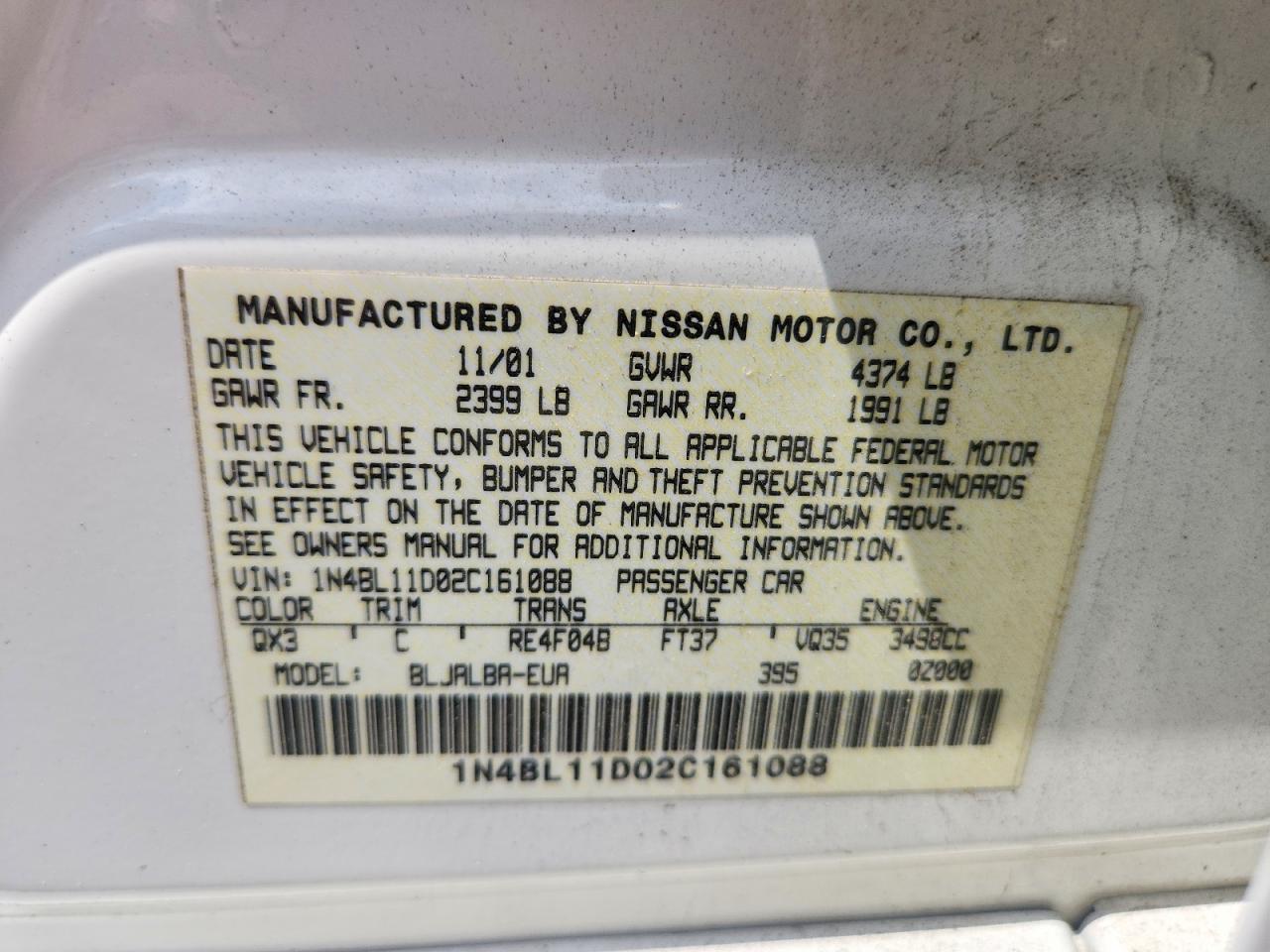 2002 Nissan Altima 3.5 Se White vin: 1N4BL11D02C161088