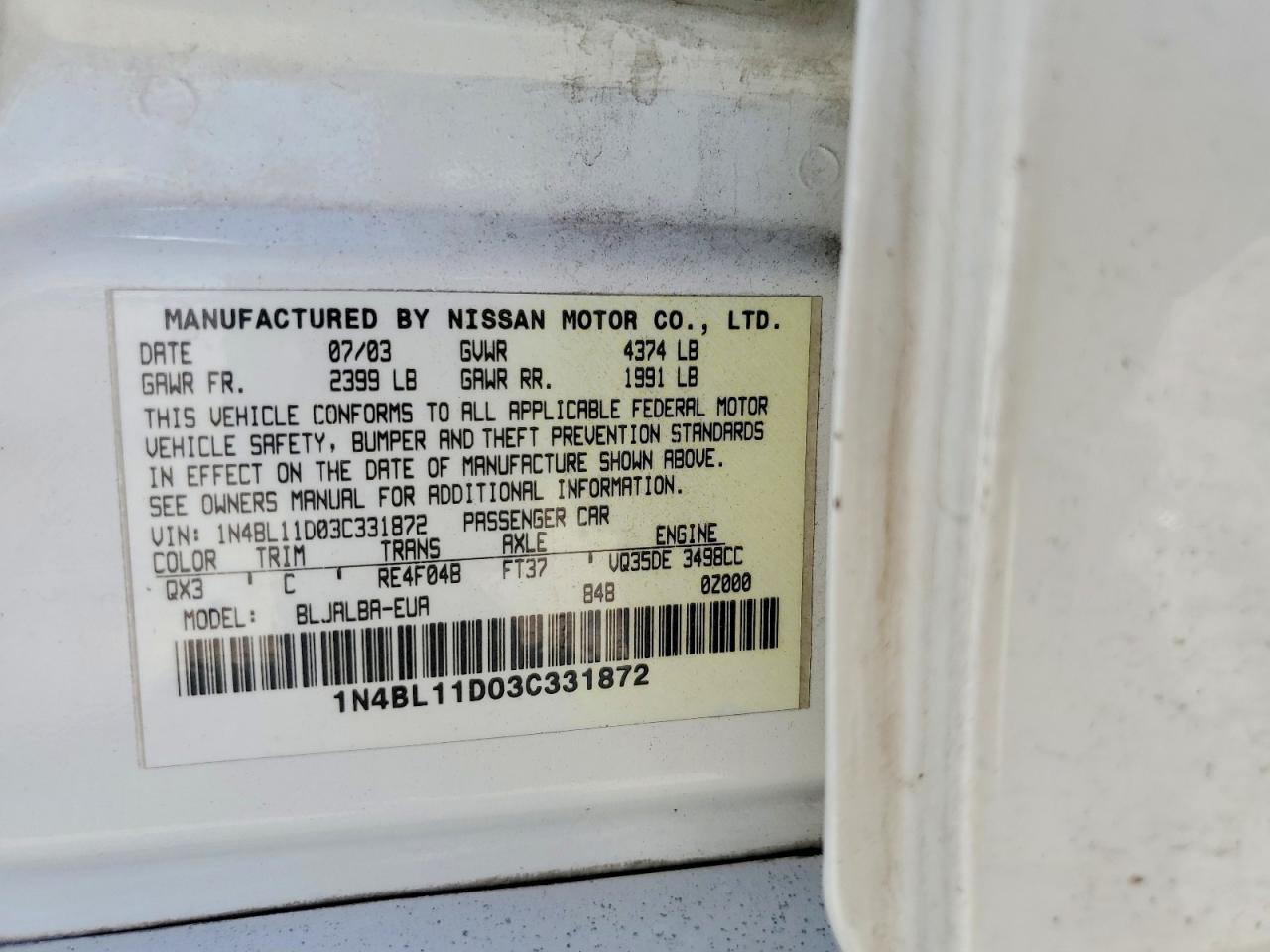 2003 Nissan Altima Se White vin: 1N4BL11D03C331872