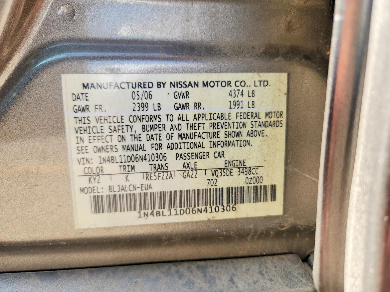 2006 Nissan Altima 3.5 Se Серый vin: 1N4BL11D06N410306