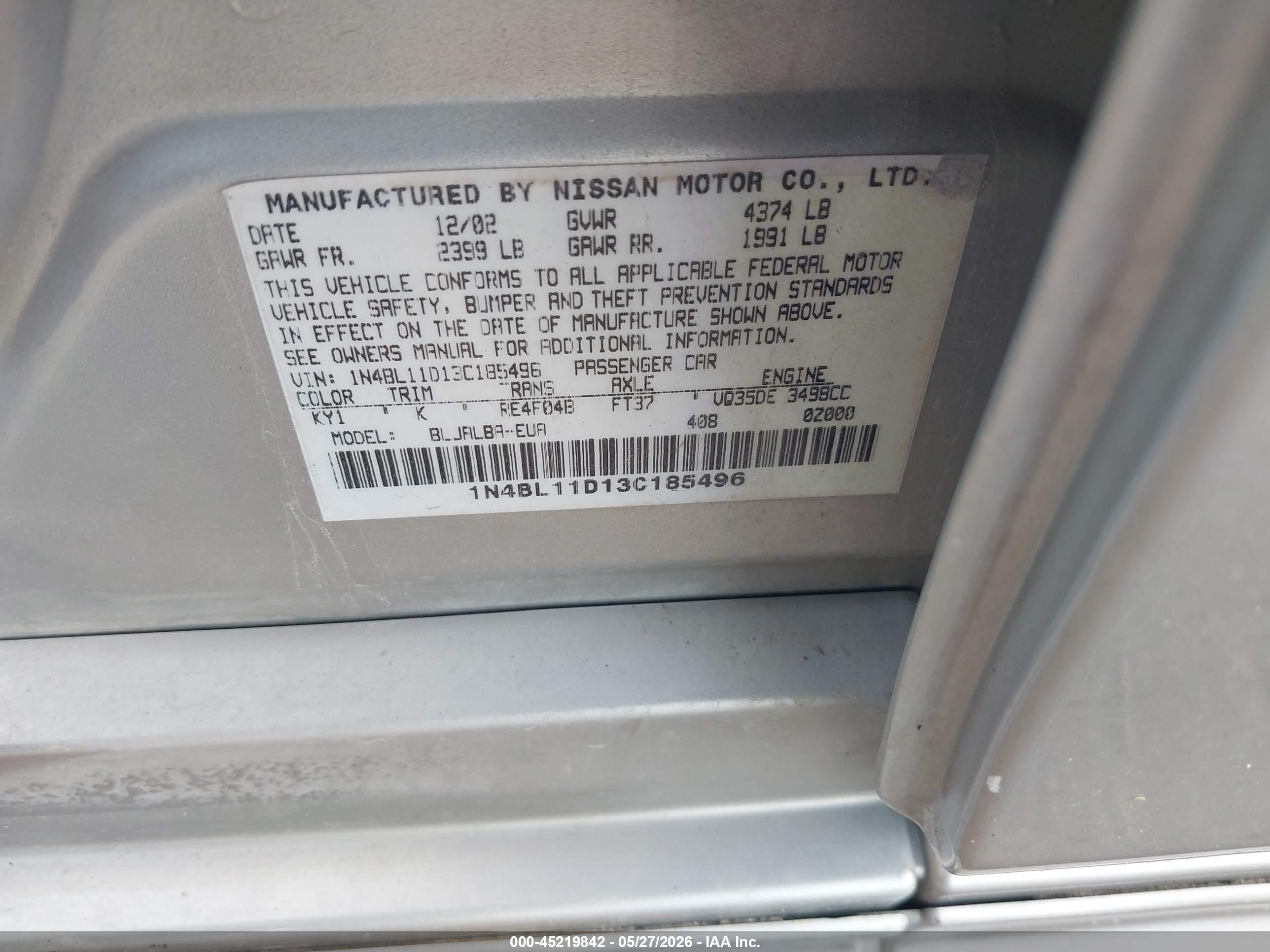 2003 Nissan Altima 3.5 Se Silver vin: 1N4BL11D13C185496