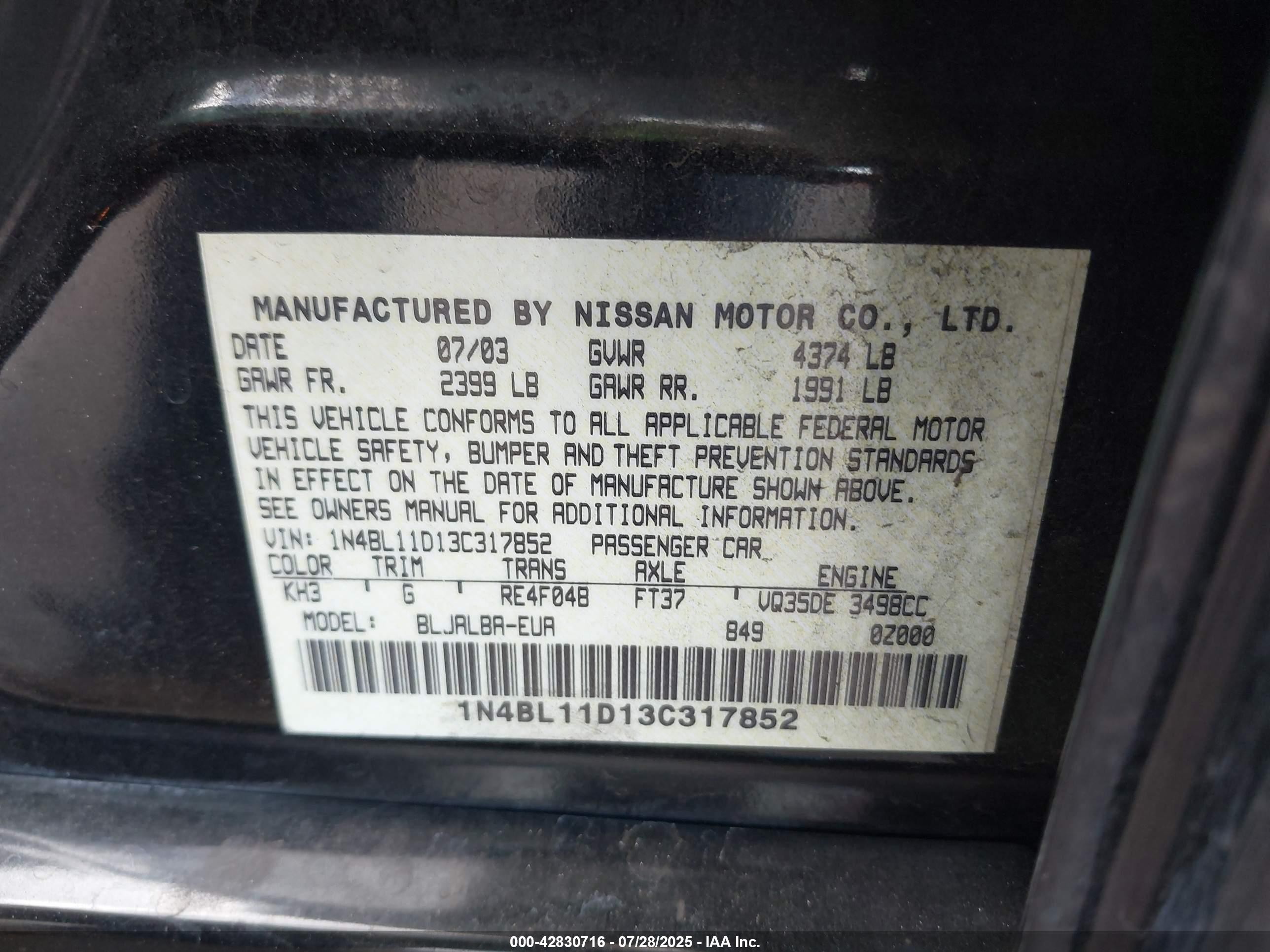 2003 Nissan Altima 3.5 Se Черный vin: 1N4BL11D13C317852