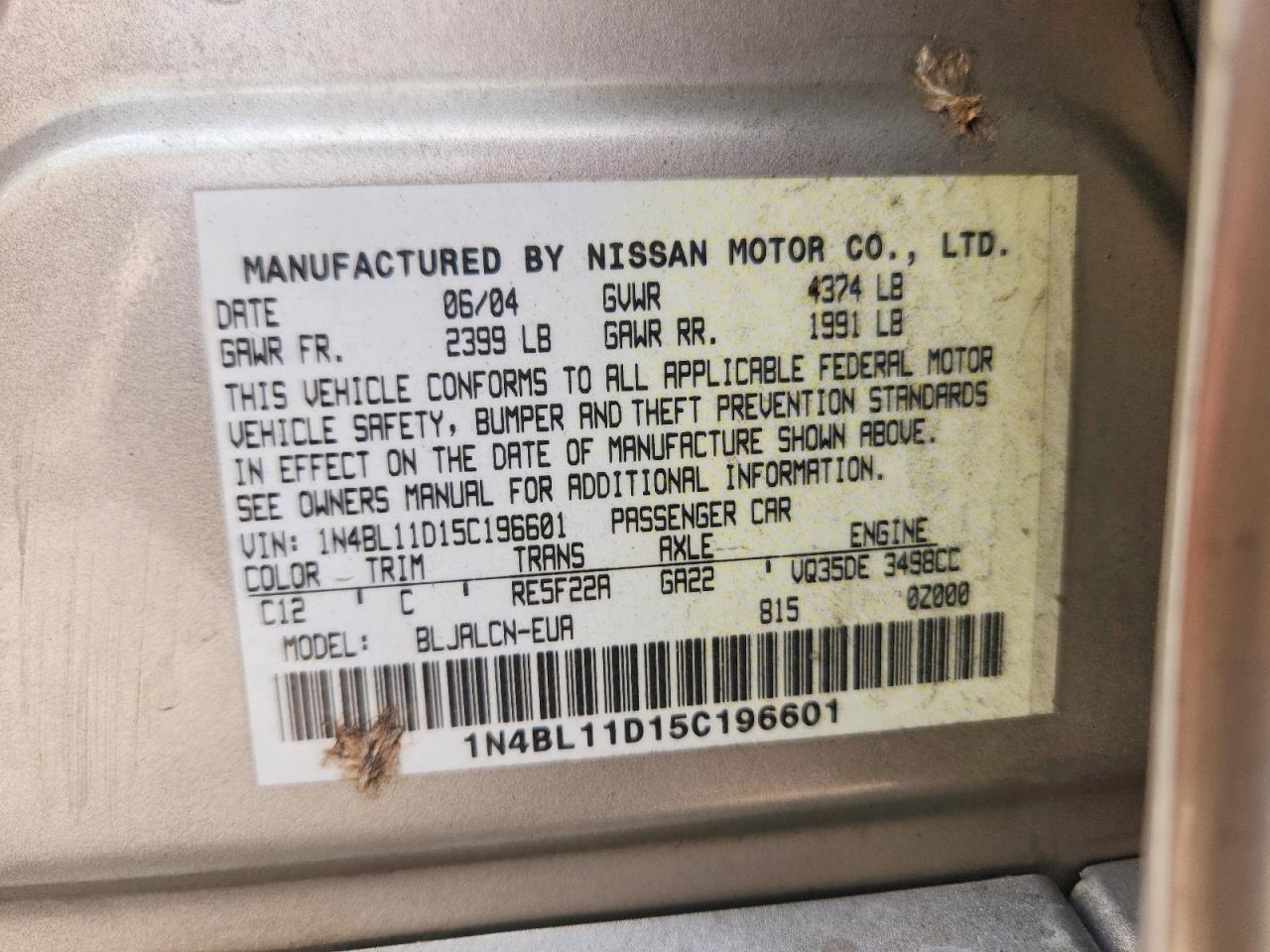 2005 Nissan Altima 3.5 Se Tan vin: 1N4BL11D15C196601