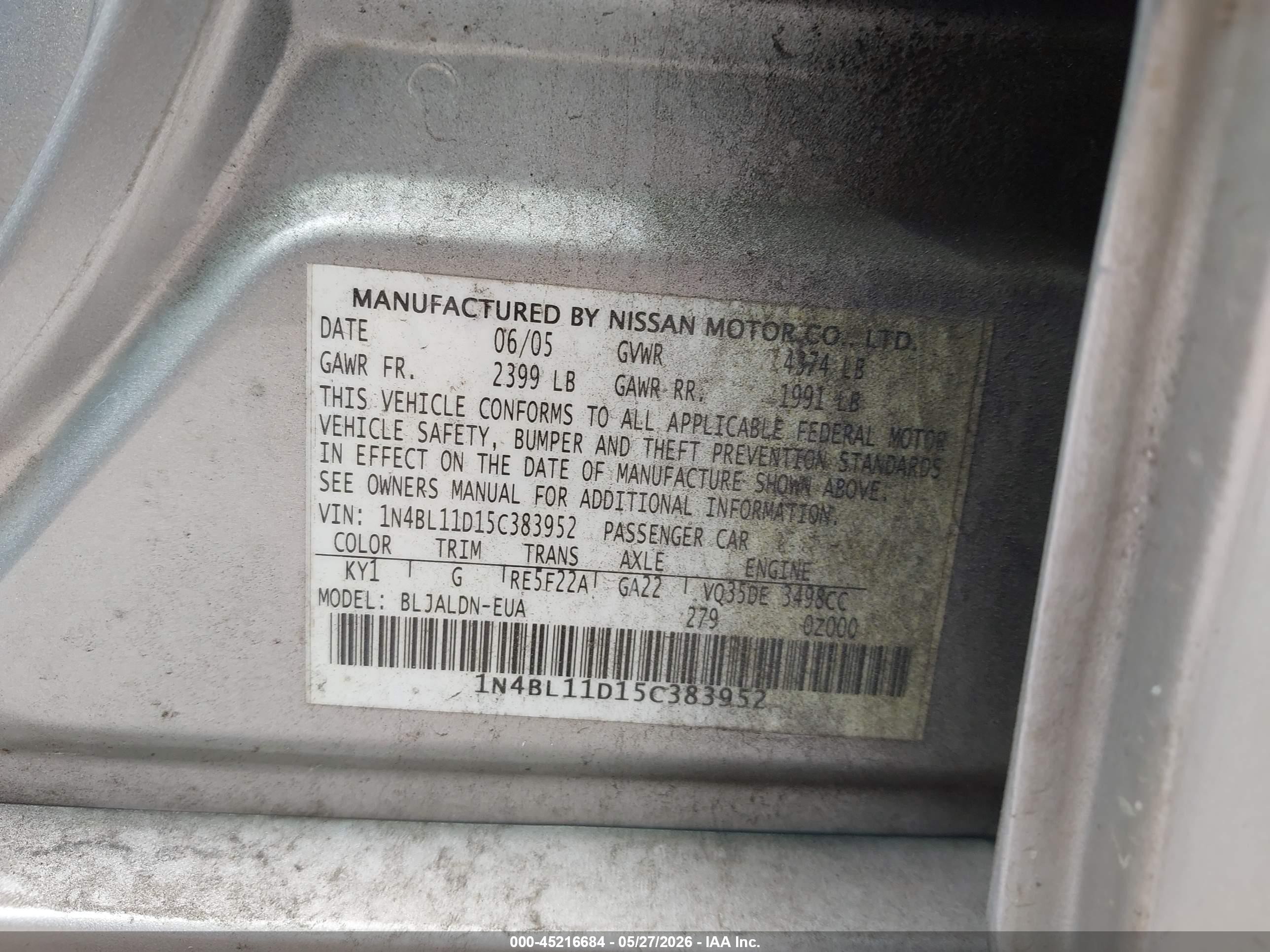 2005 Nissan Altima 3.5 Sl Gray vin: 1N4BL11D15C383952