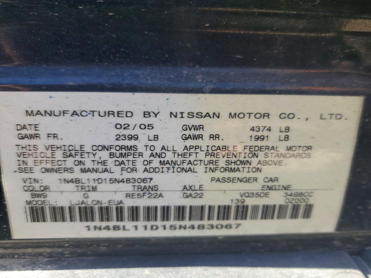 2005 Nissan Altima 3.5 Se Gray vin: 1N4BL11D15N483067