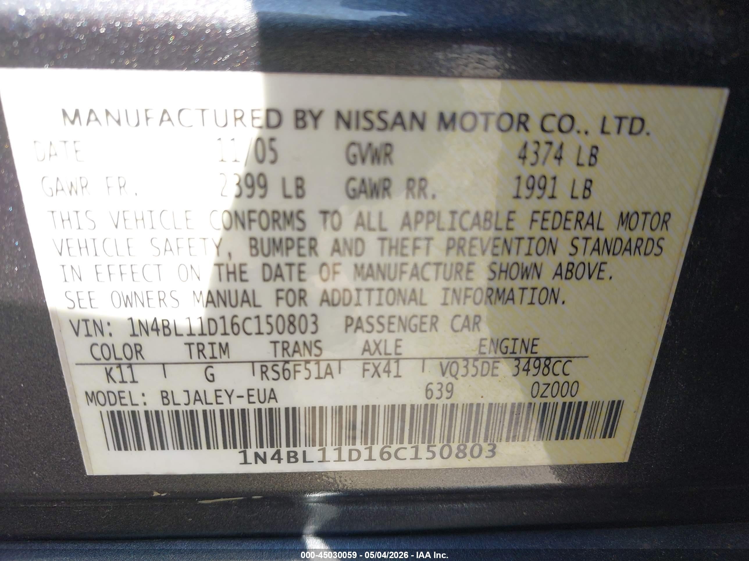 2006 Nissan Altima 3.5 Se-r Gray vin: 1N4BL11D16C150803
