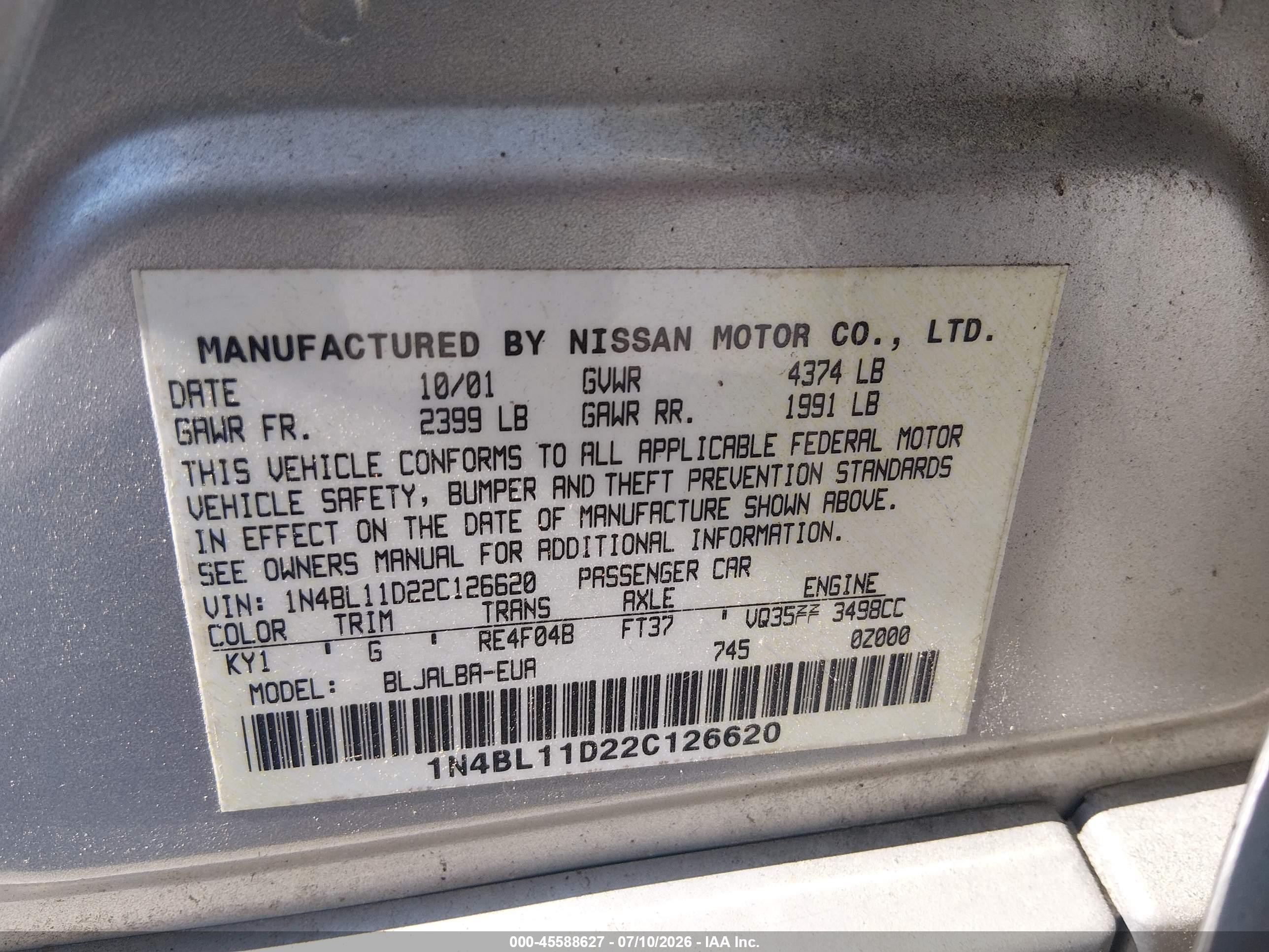 2002 Nissan Altima 3.5 Se Серебряный vin: 1N4BL11D22C126620