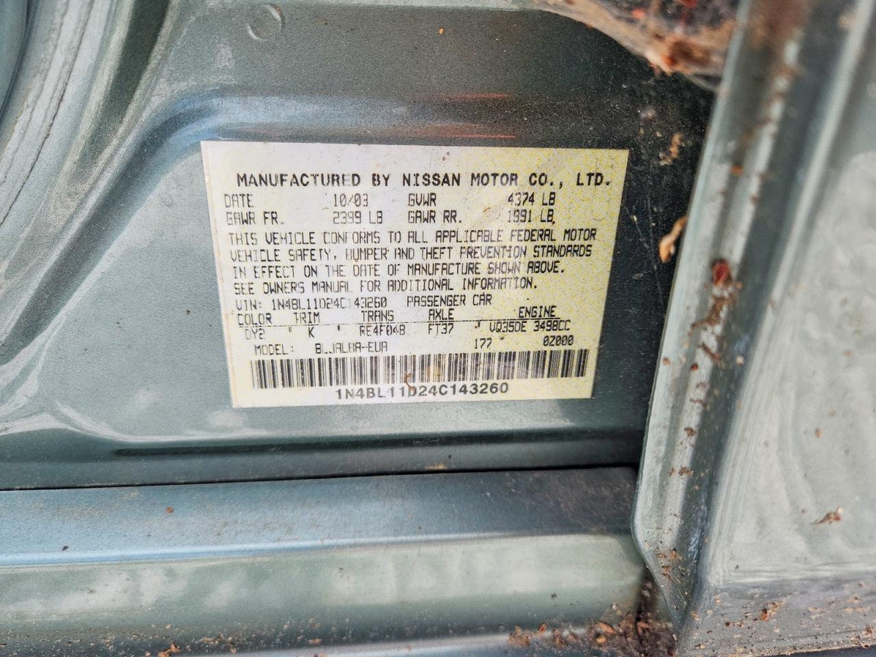2004 Nissan Altima Se Green vin: 1N4BL11D24C143260