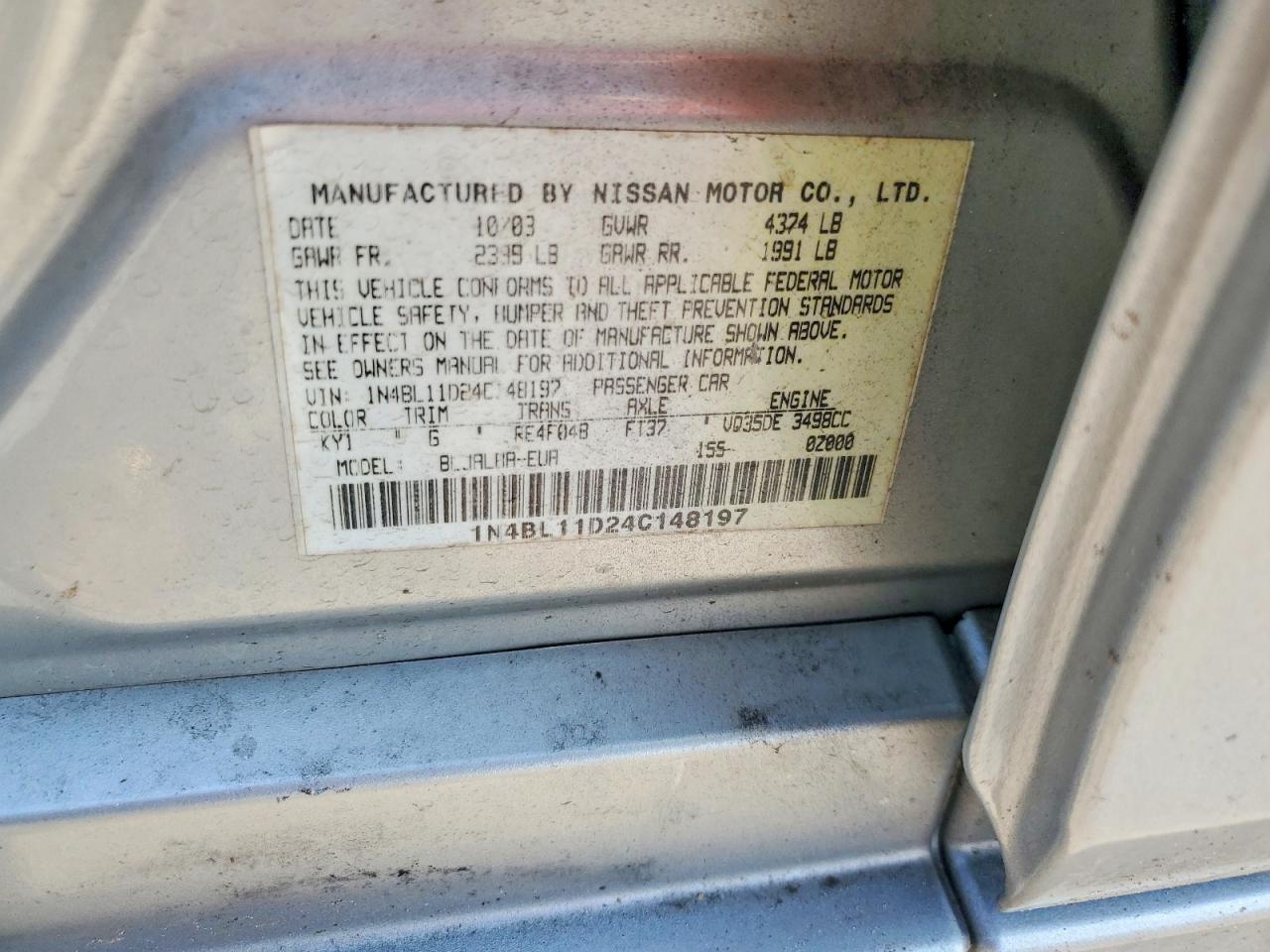 2004 Nissan Altima 3.5 Se Silver vin: 1N4BL11D24C148197