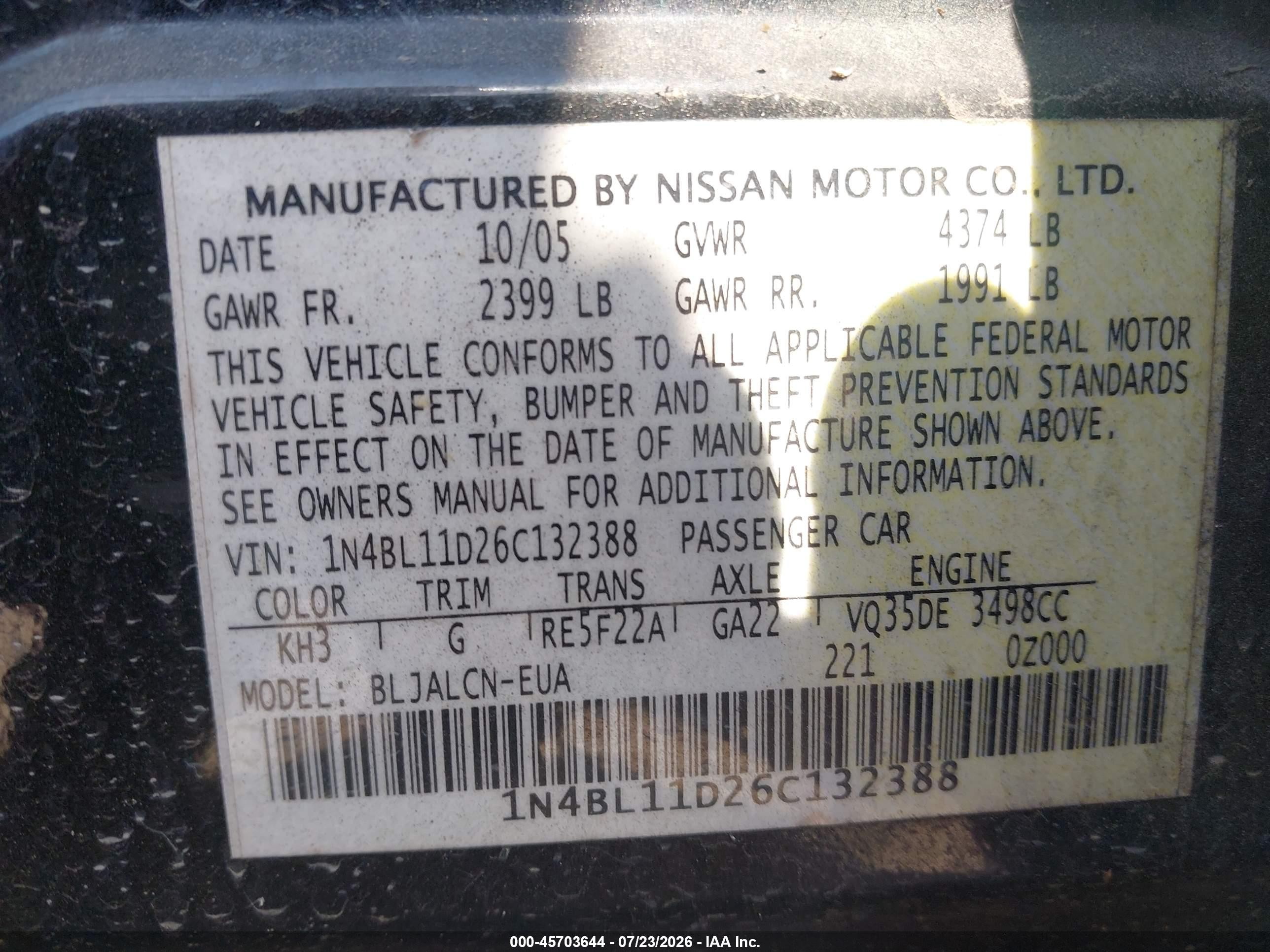 2006 Nissan Altima 3.5 Se Black vin: 1N4BL11D26C132388