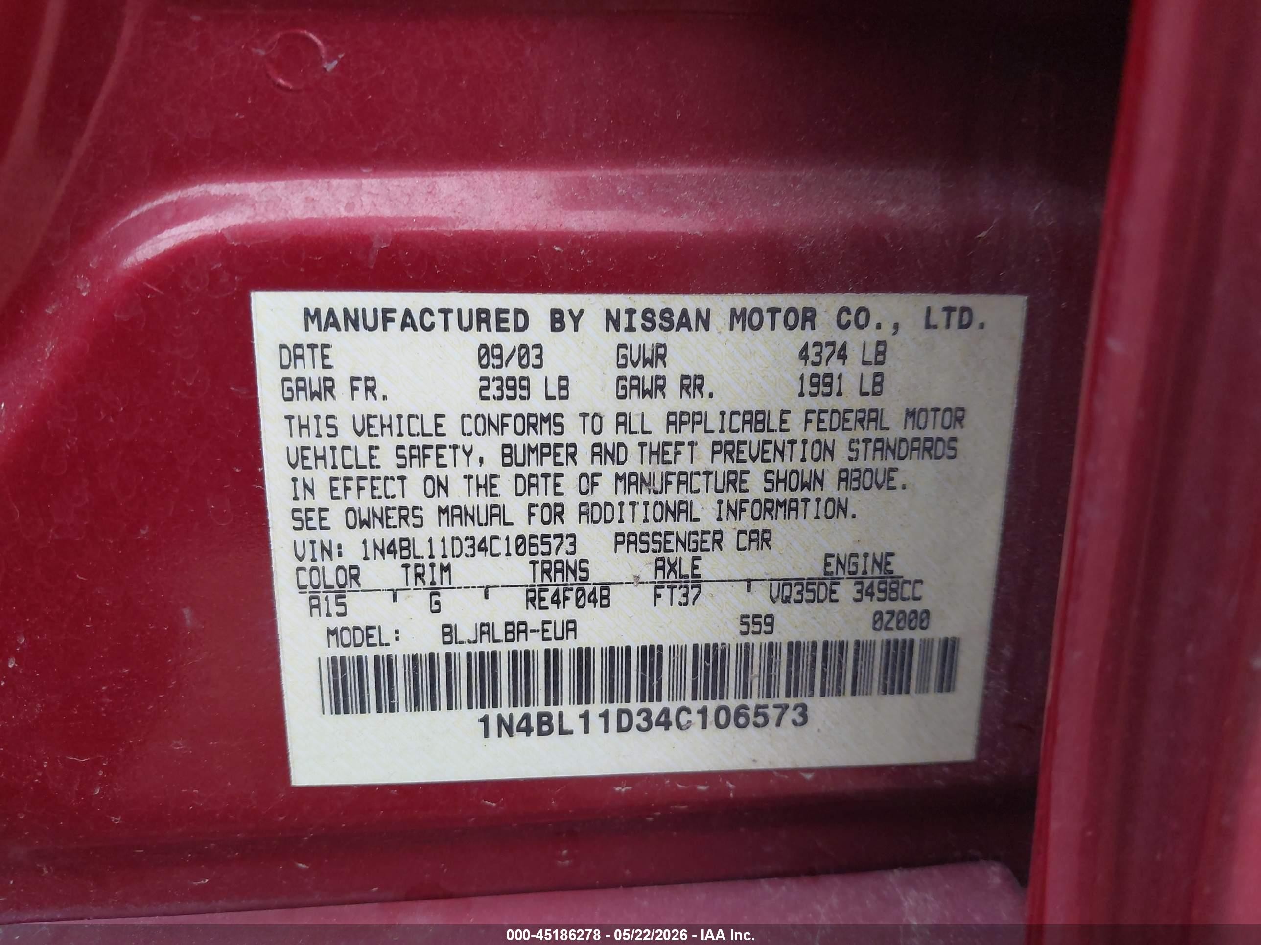 2004 Nissan Altima 3.5 Se Red vin: 1N4BL11D34C106573
