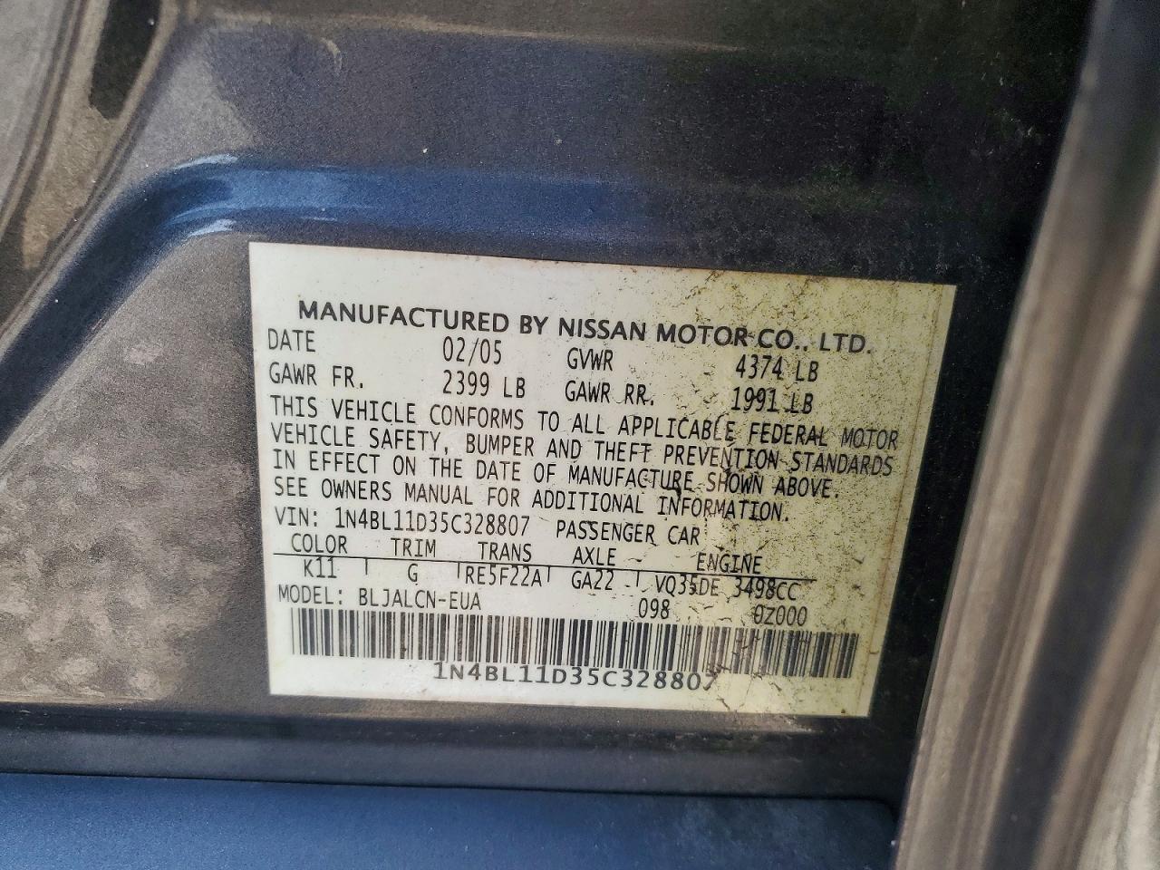 2005 Nissan Altima 3.5 Se Серый vin: 1N4BL11D35C328807