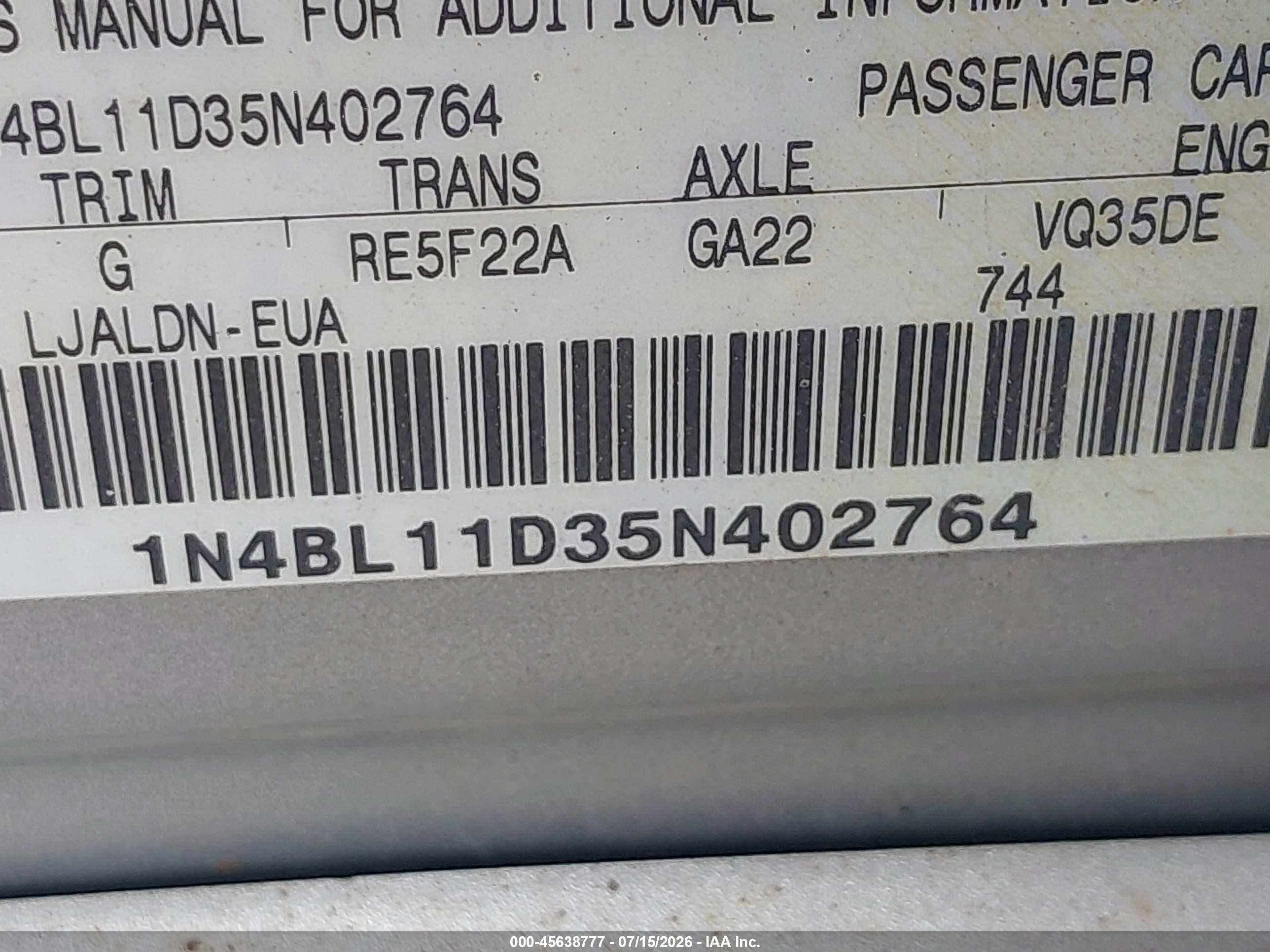 2005 Nissan Altima 3.5 Sl Silver vin: 1N4BL11D35N402764