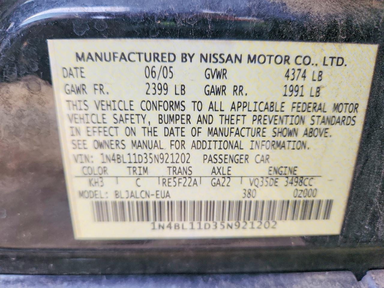 2005 Nissan Altima 3.5 Se Black vin: 1N4BL11D35N921202