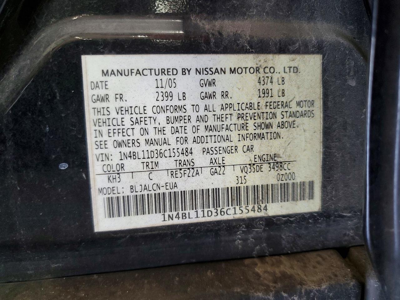 2006 Nissan Altima 3.5 Se Black vin: 1N4BL11D36C155484
