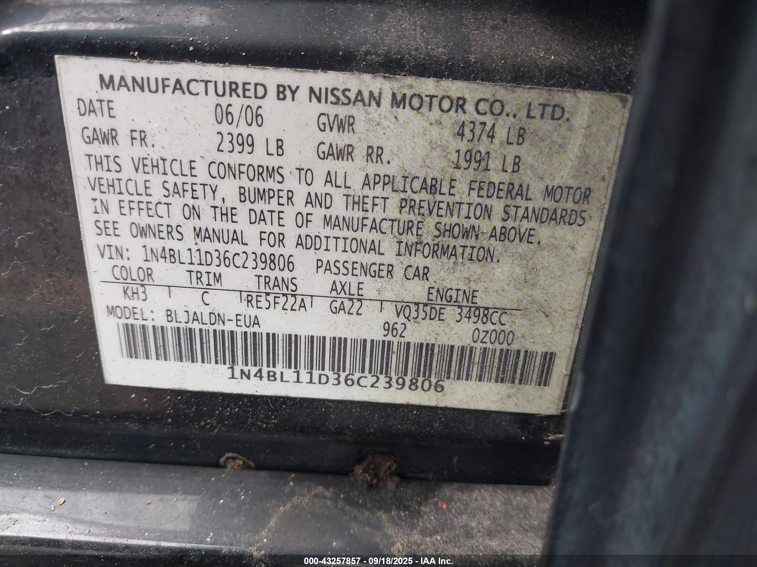 2006 Nissan Altima 3.5 Sl Black vin: 1N4BL11D36C239806