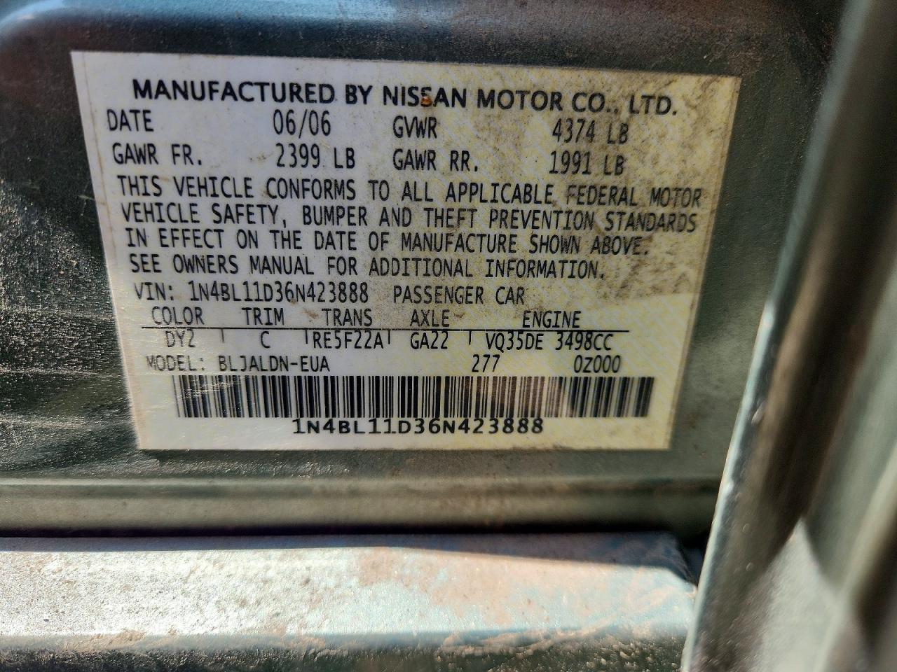 2006 Nissan Altima 3.5 Se Зеленый vin: 1N4BL11D36N423888