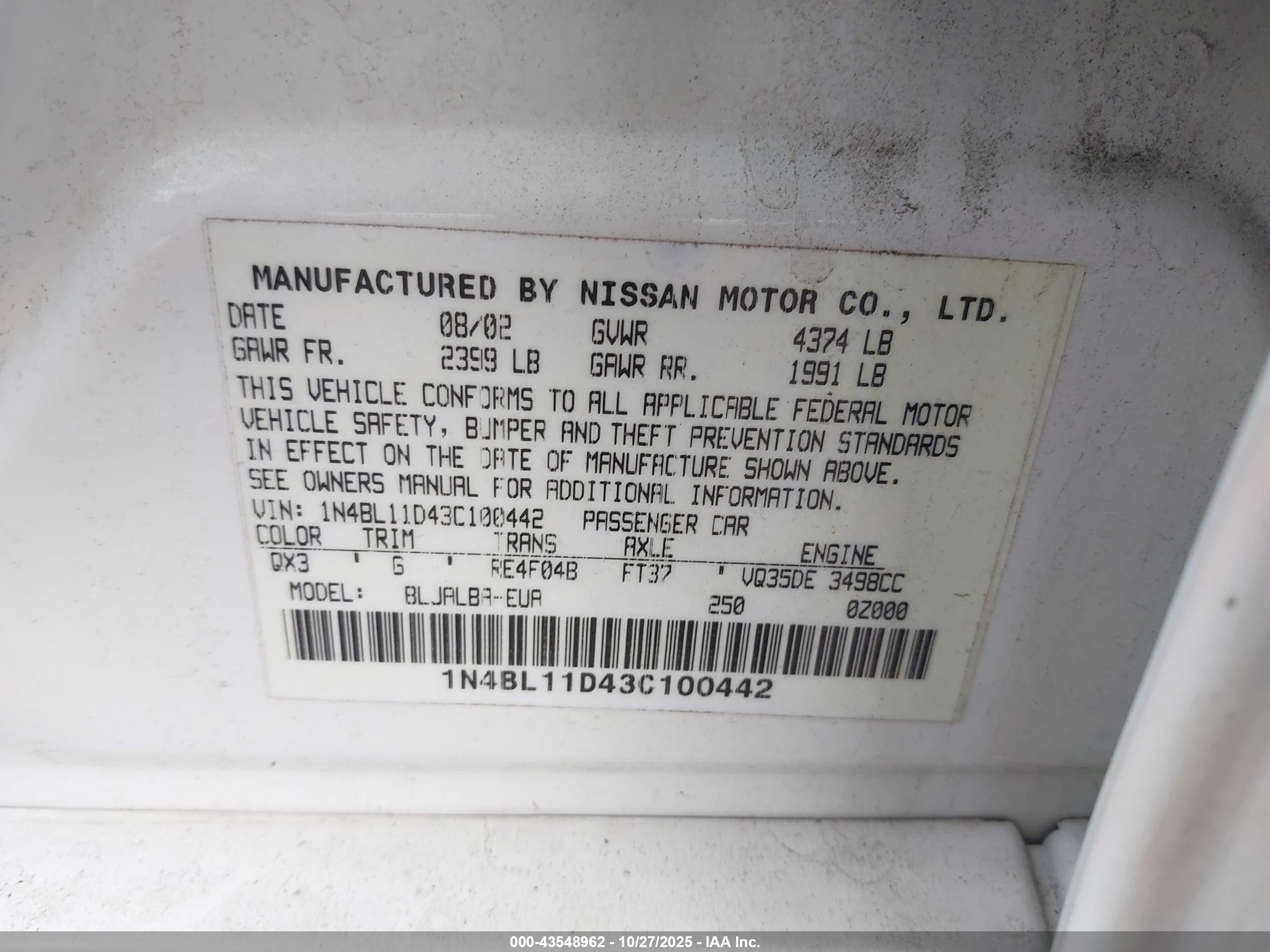 2003 Nissan Altima 3.5 Se Белый vin: 1N4BL11D43C100442