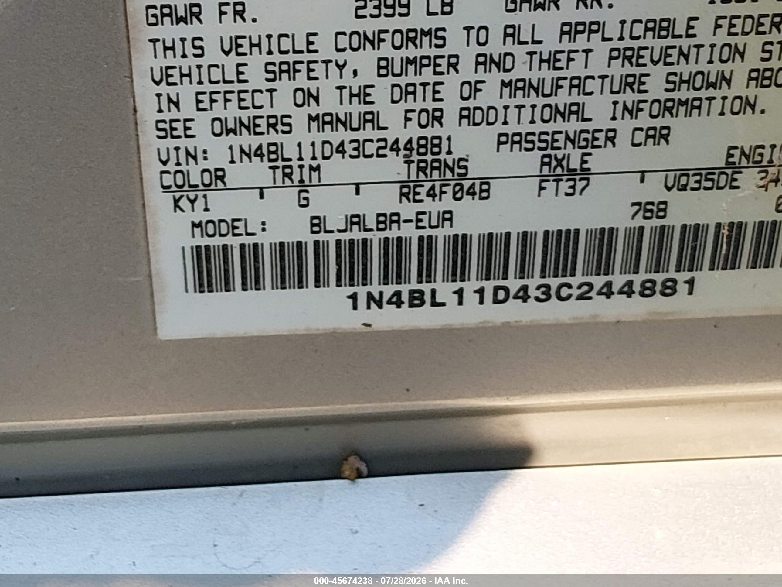 2003 Nissan Altima 3.5 Se Серебряный vin: 1N4BL11D43C244881