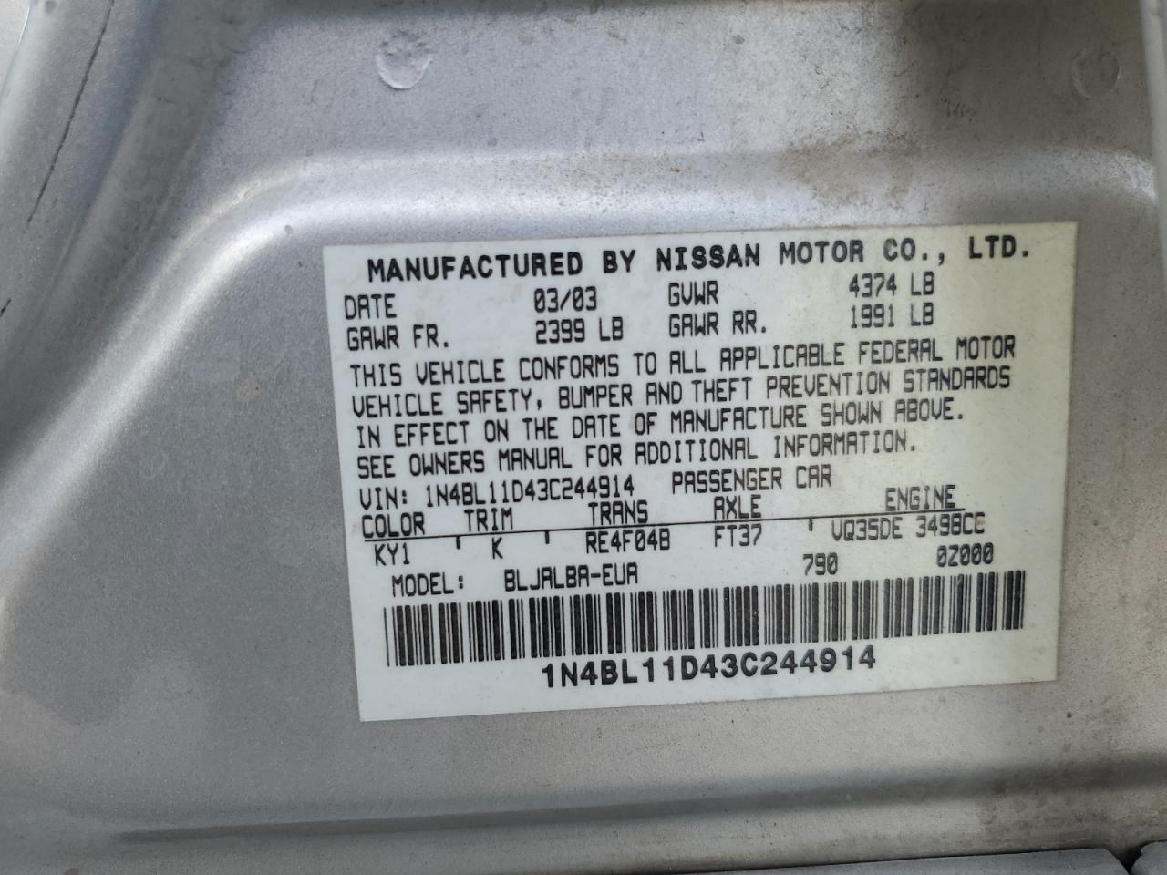 2003 Nissan Altima Se Silver vin: 1N4BL11D43C244914