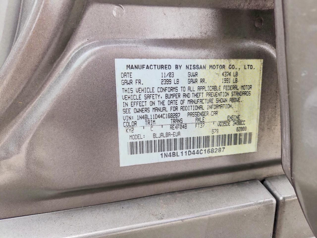 2004 Nissan Alitma Gold vin: 1N4BL11D44C168287