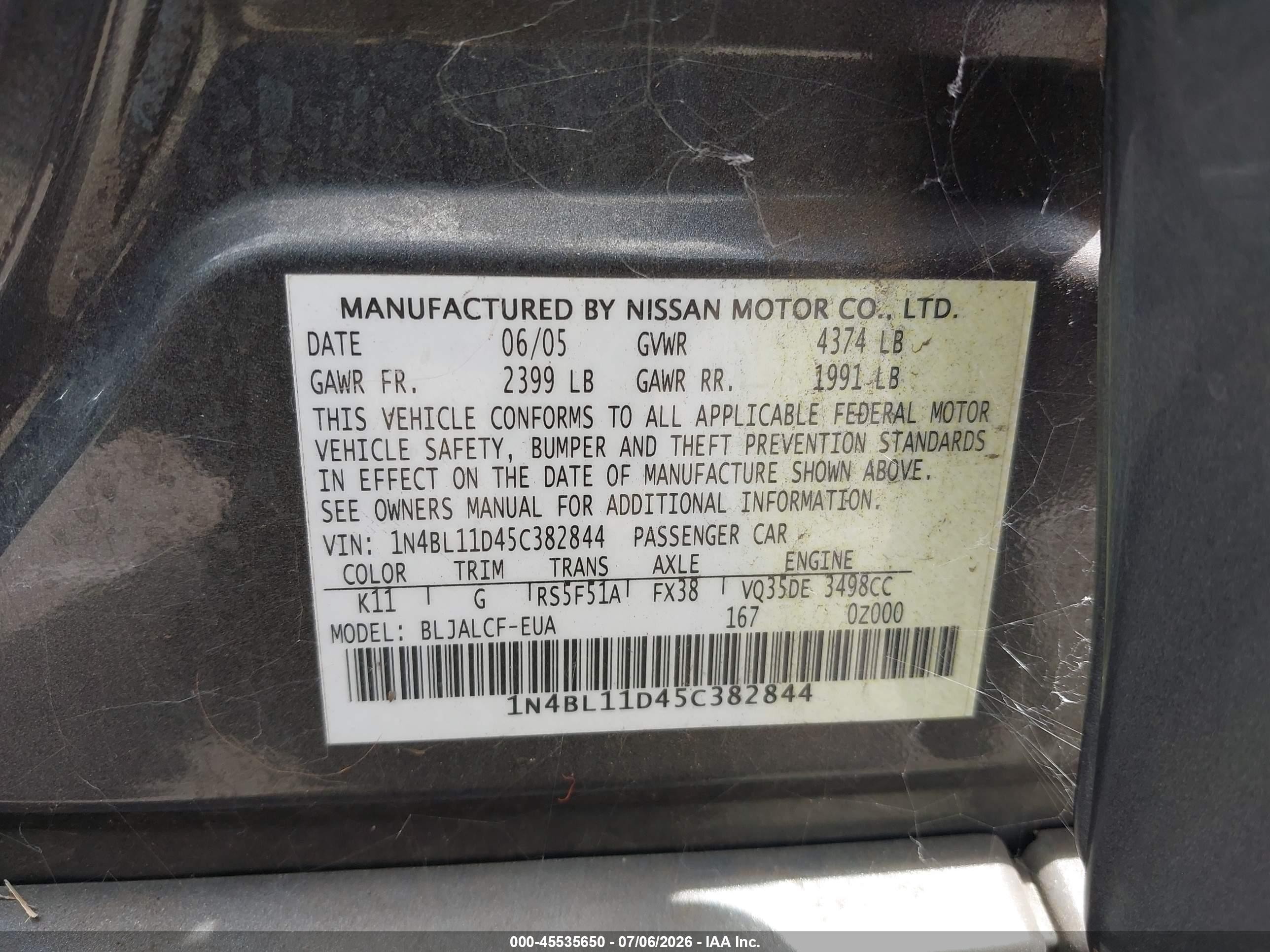 2005 Nissan Altima 3.5 Se Серый vin: 1N4BL11D45C382844