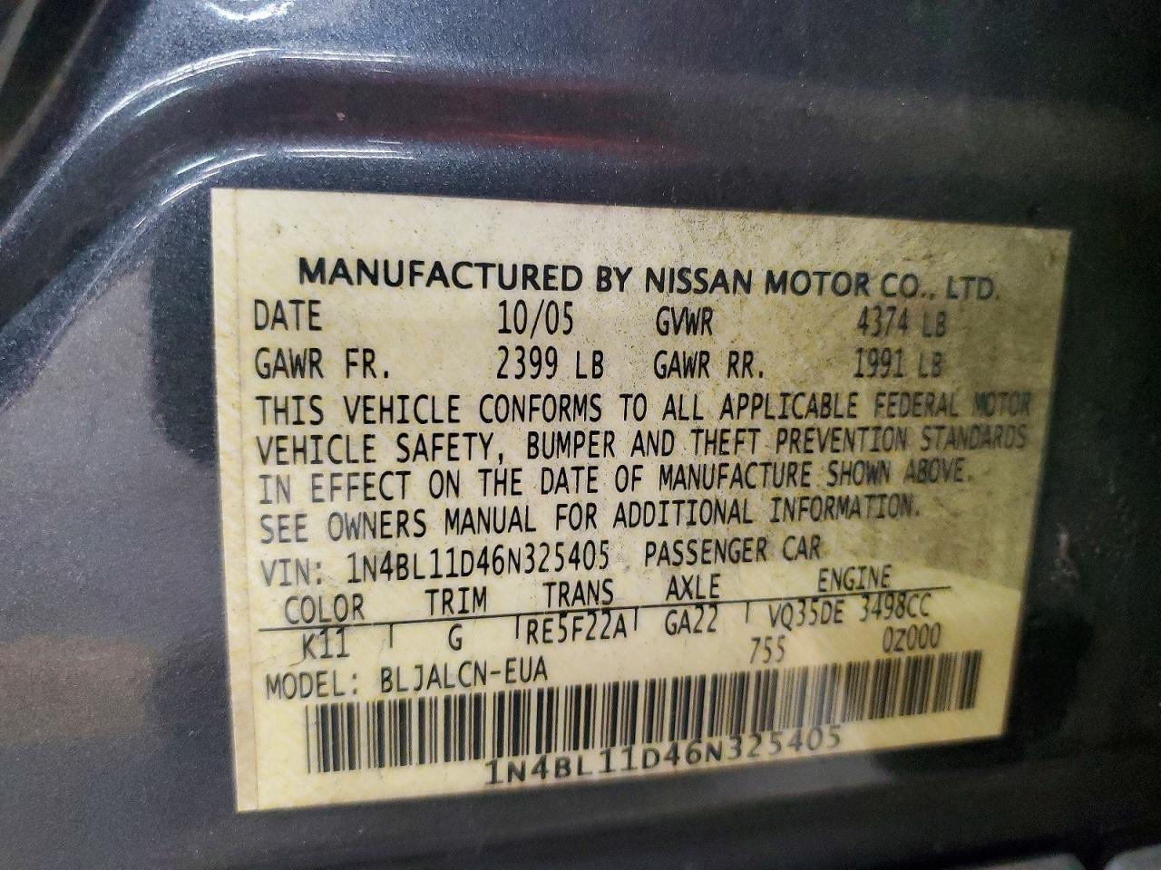 2006 Nissan Altima 3.5 Se Charcoal vin: 1N4BL11D46N325405
