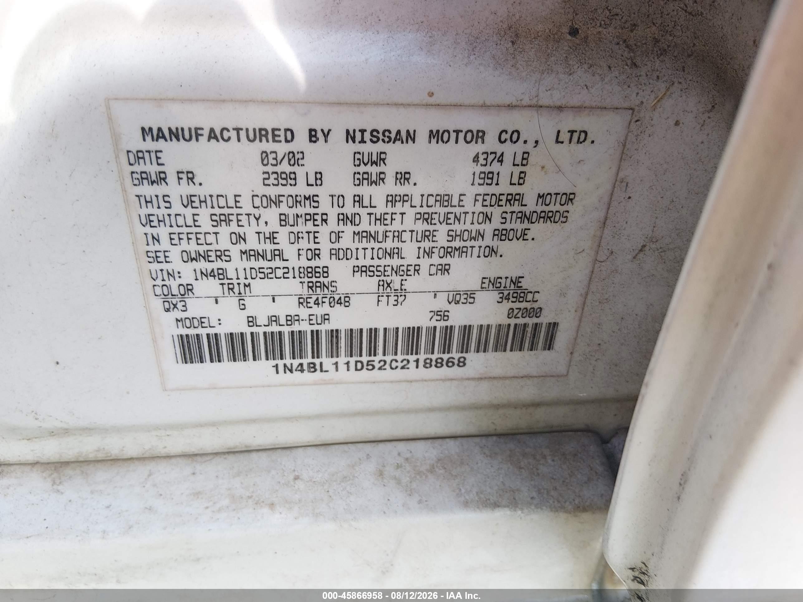 2002 Nissan Altima 3.5 Se White vin: 1N4BL11D52C218868