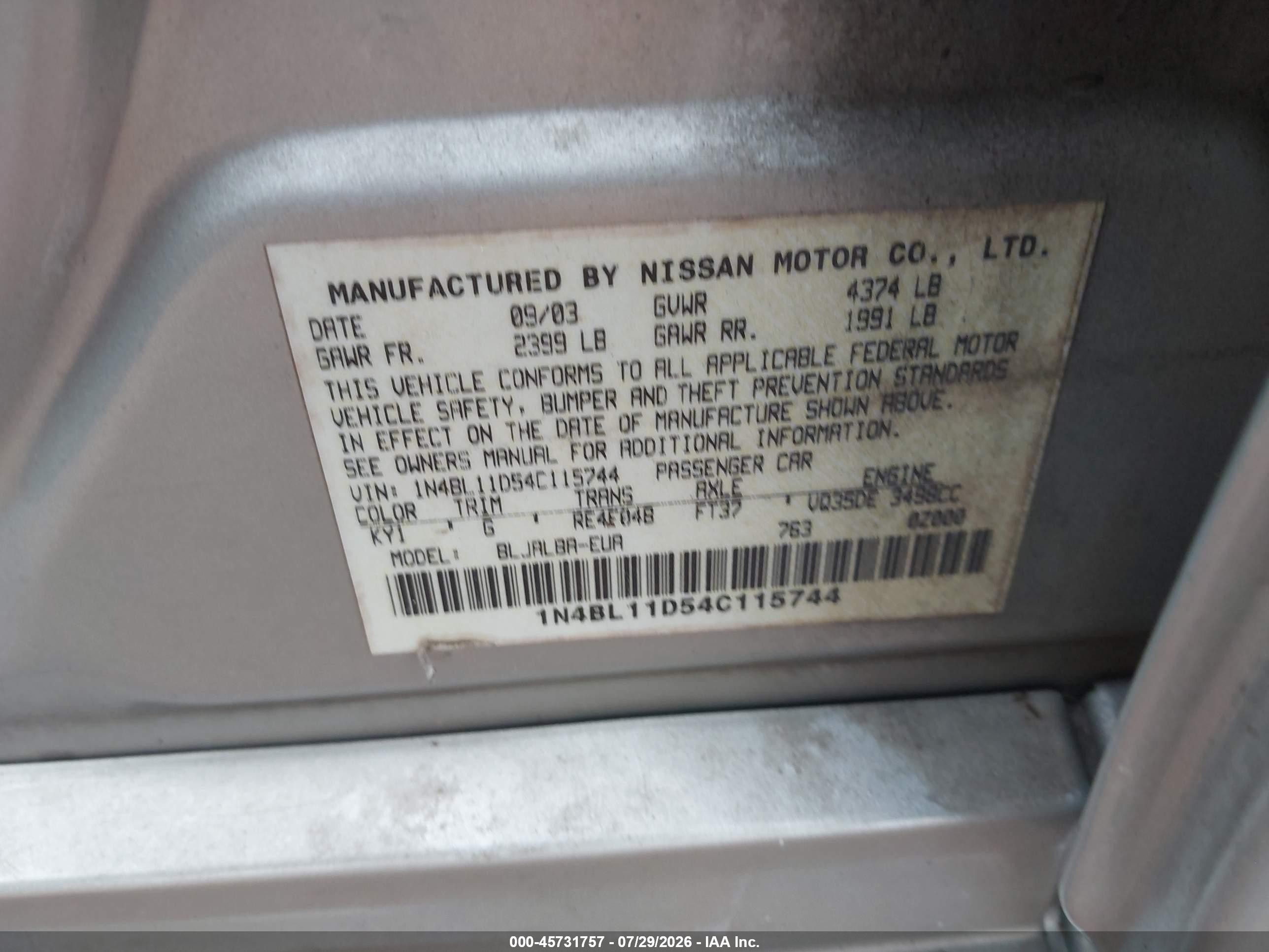 2004 Nissan Altima 3.5 Se Silver vin: 1N4BL11D54C115744