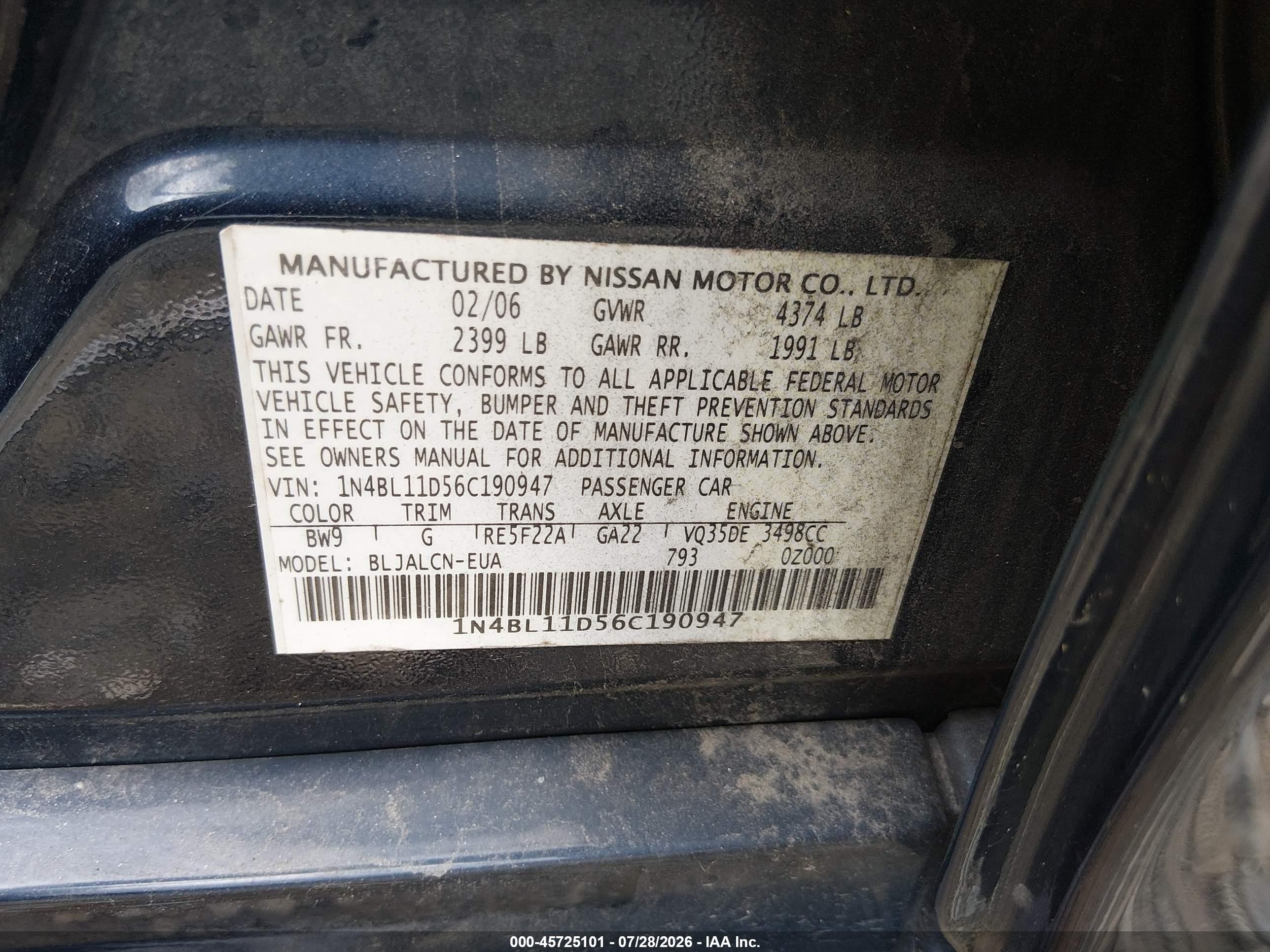 2006 Nissan Altima 3.5 Se Blue vin: 1N4BL11D56C190947
