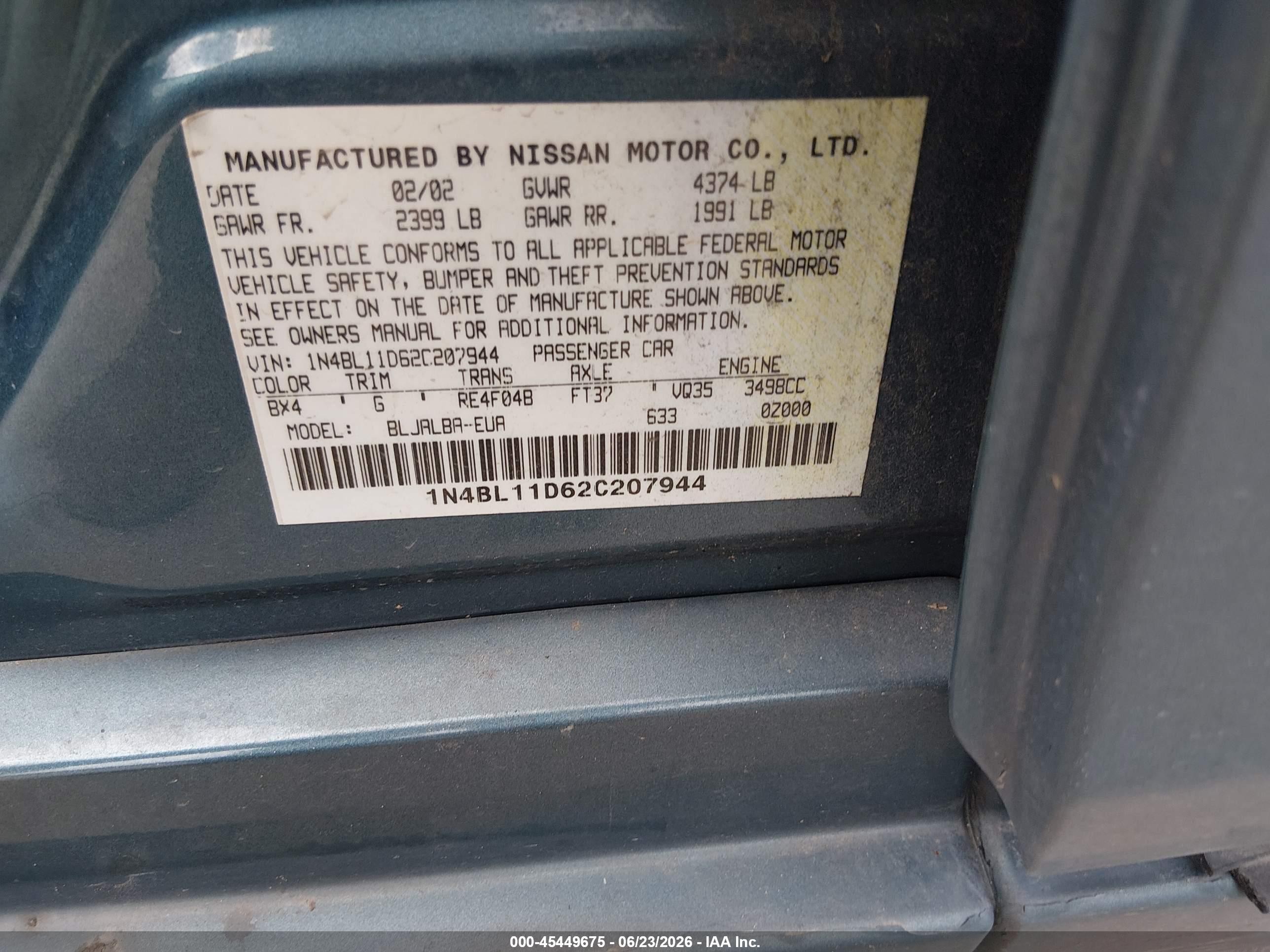 2002 Nissan Altima 3.5 Se Blue vin: 1N4BL11D62C207944