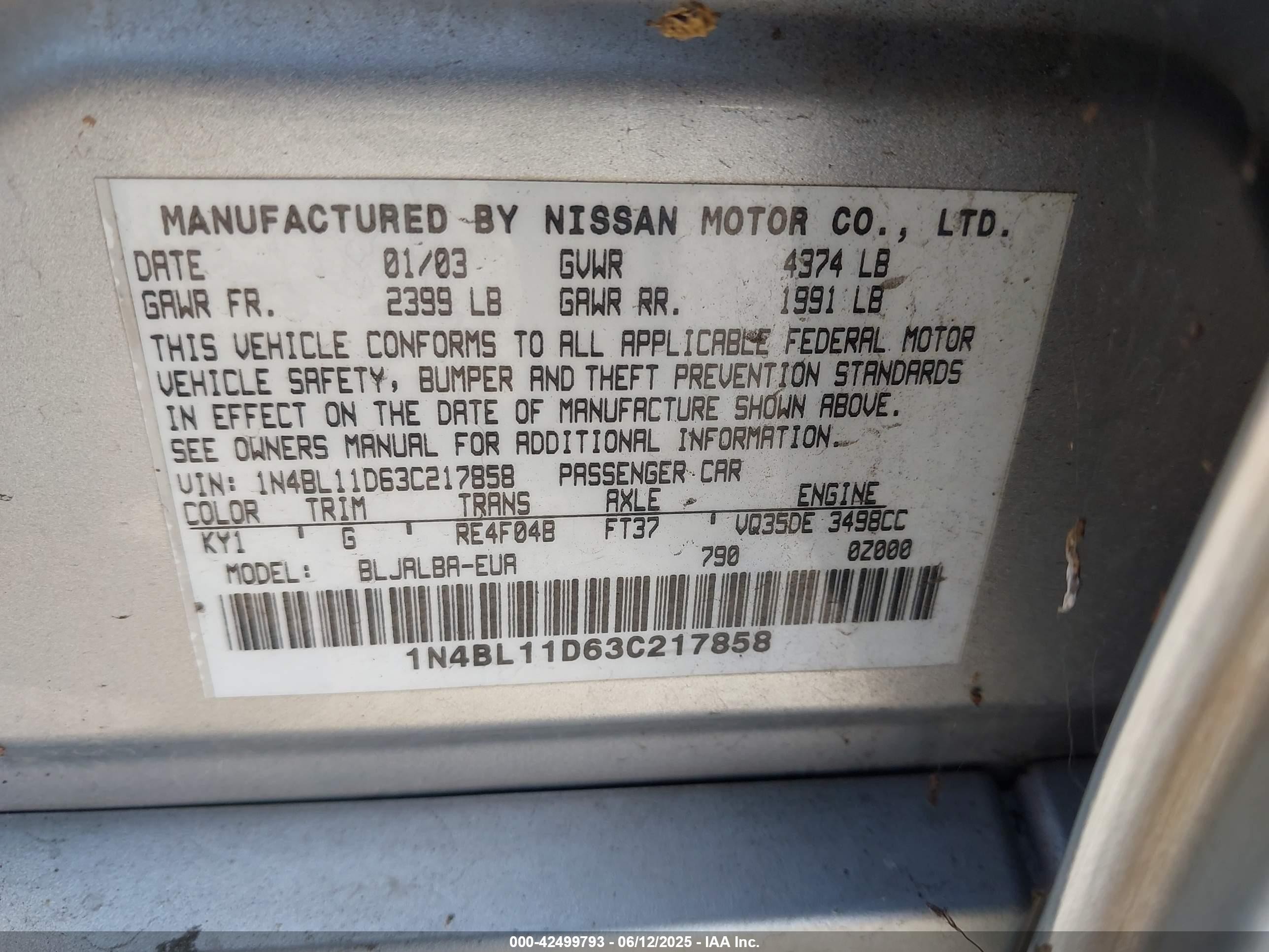 2003 Nissan Altima 3.5 Se Silver vin: 1N4BL11D63C217858