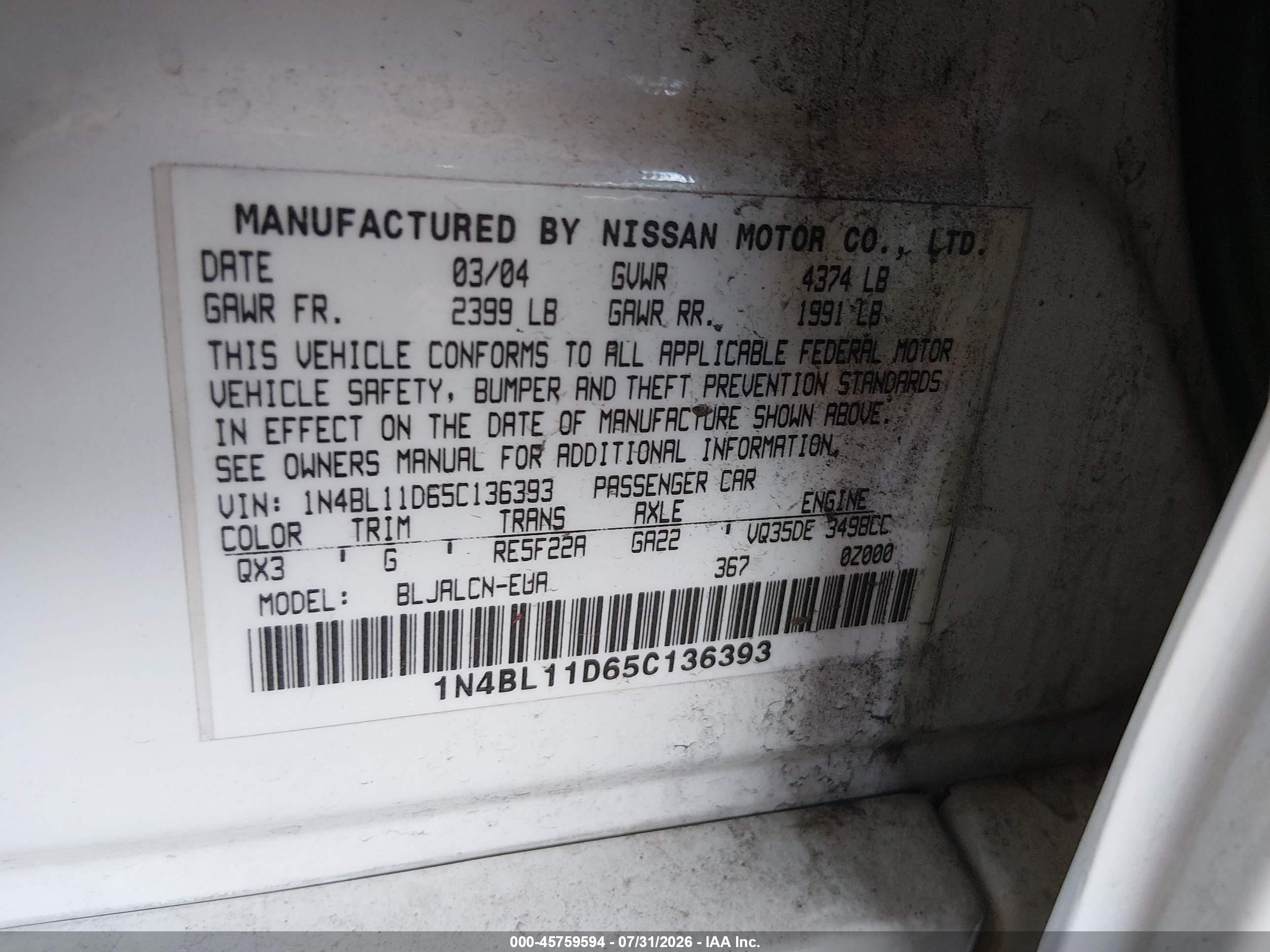 2005 Nissan Altima 3.5 Se Белый vin: 1N4BL11D65C136393