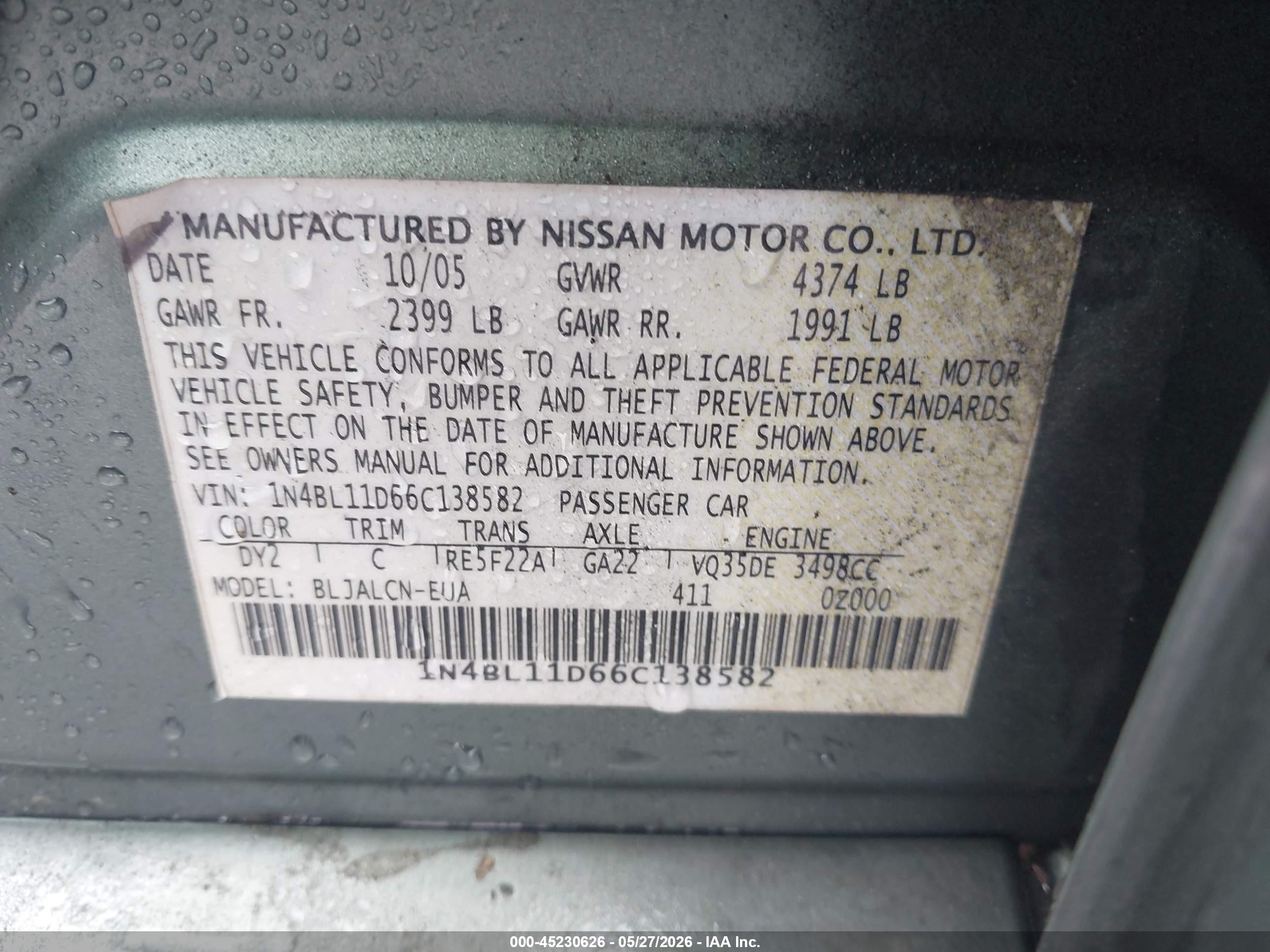 2006 Nissan Altima 3.5 Se Green vin: 1N4BL11D66C138582