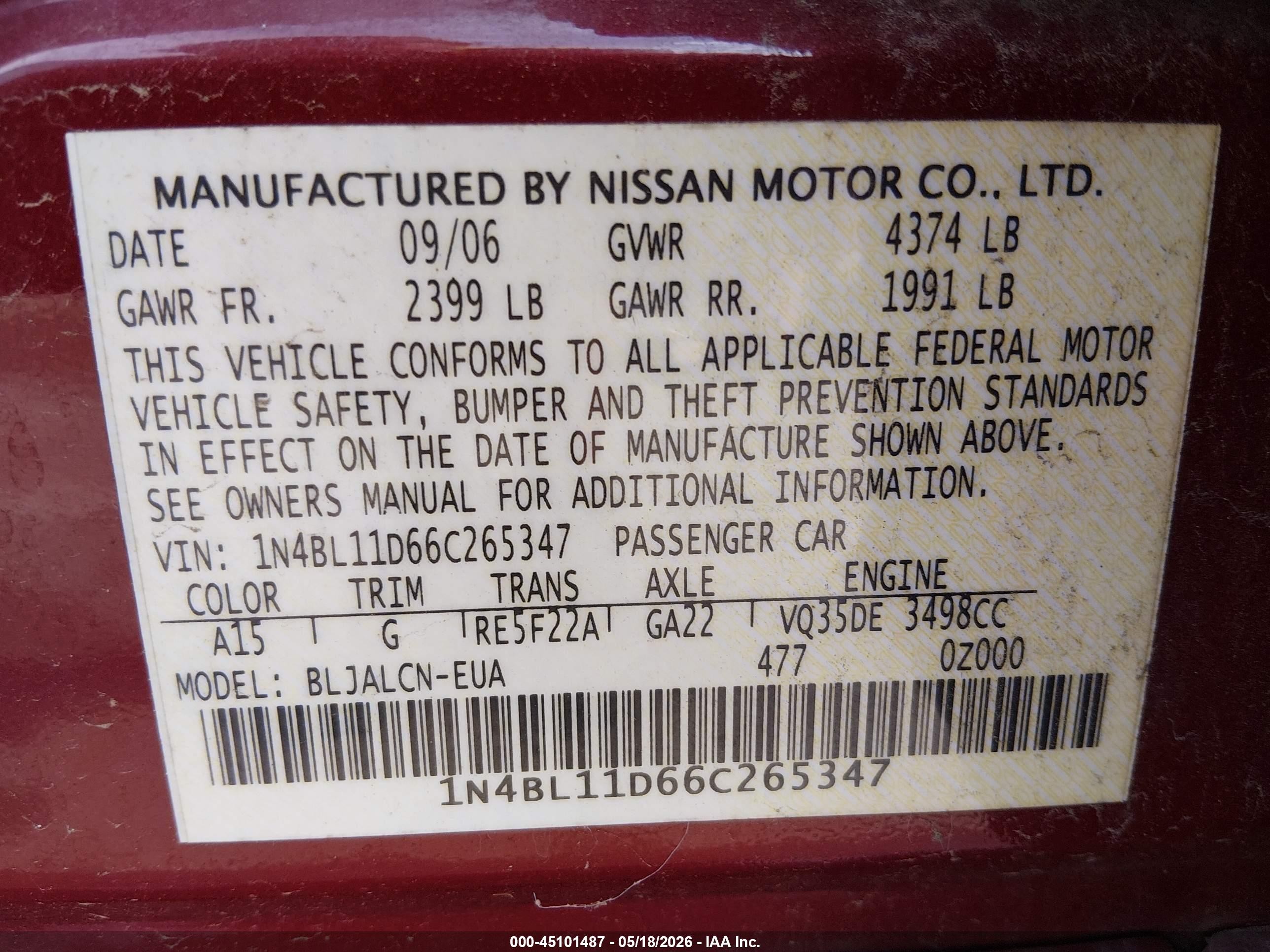 2006 Nissan Altima 3.5 Se Maroon vin: 1N4BL11D66C265347