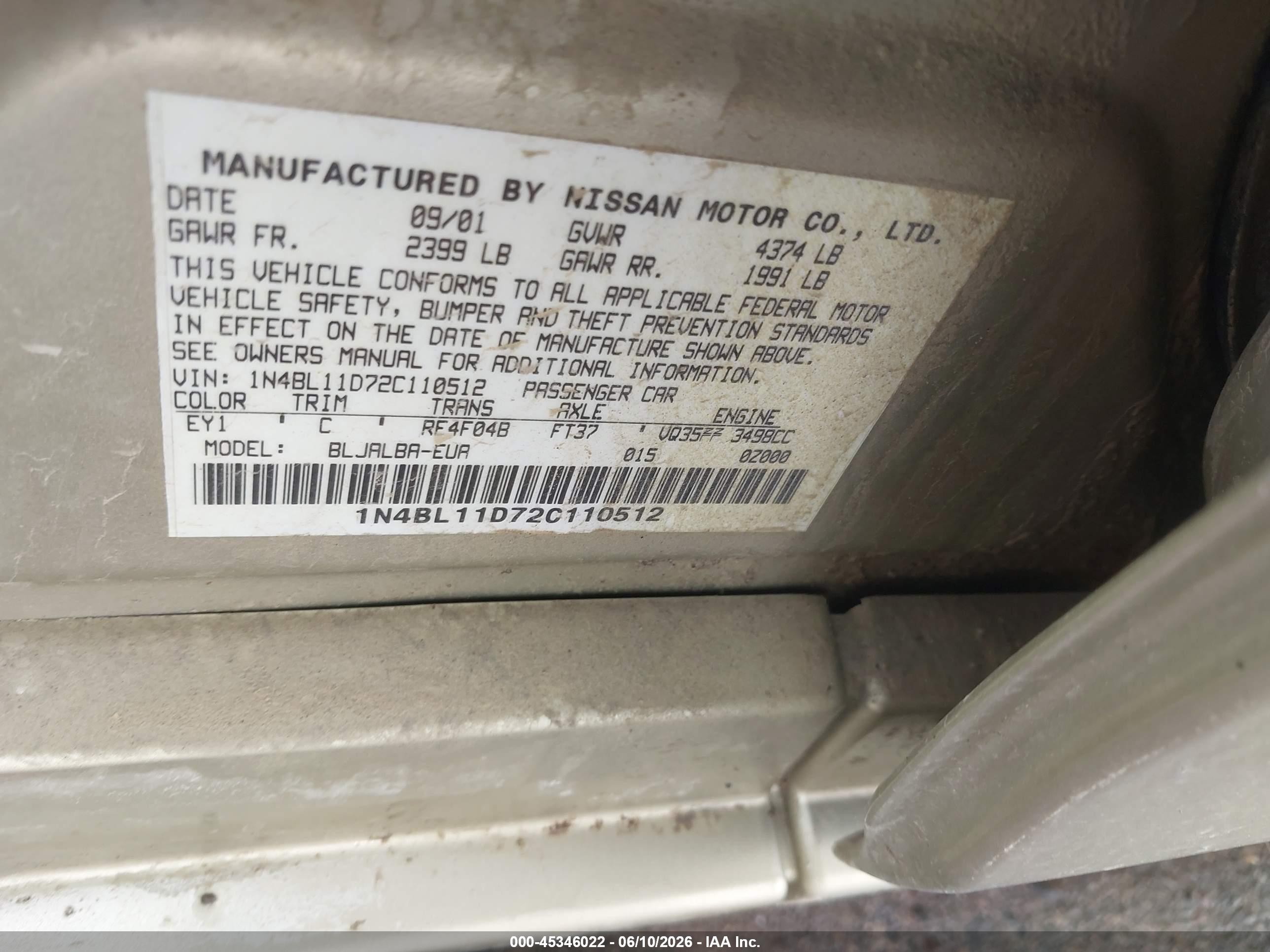 2002 Nissan Altima 3.5 Se Tan vin: 1N4BL11D72C110512