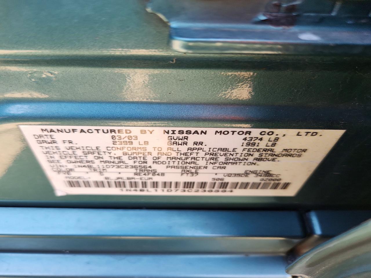 2003 Nissan Altima Se Зеленый vin: 1N4BL11D73C236564