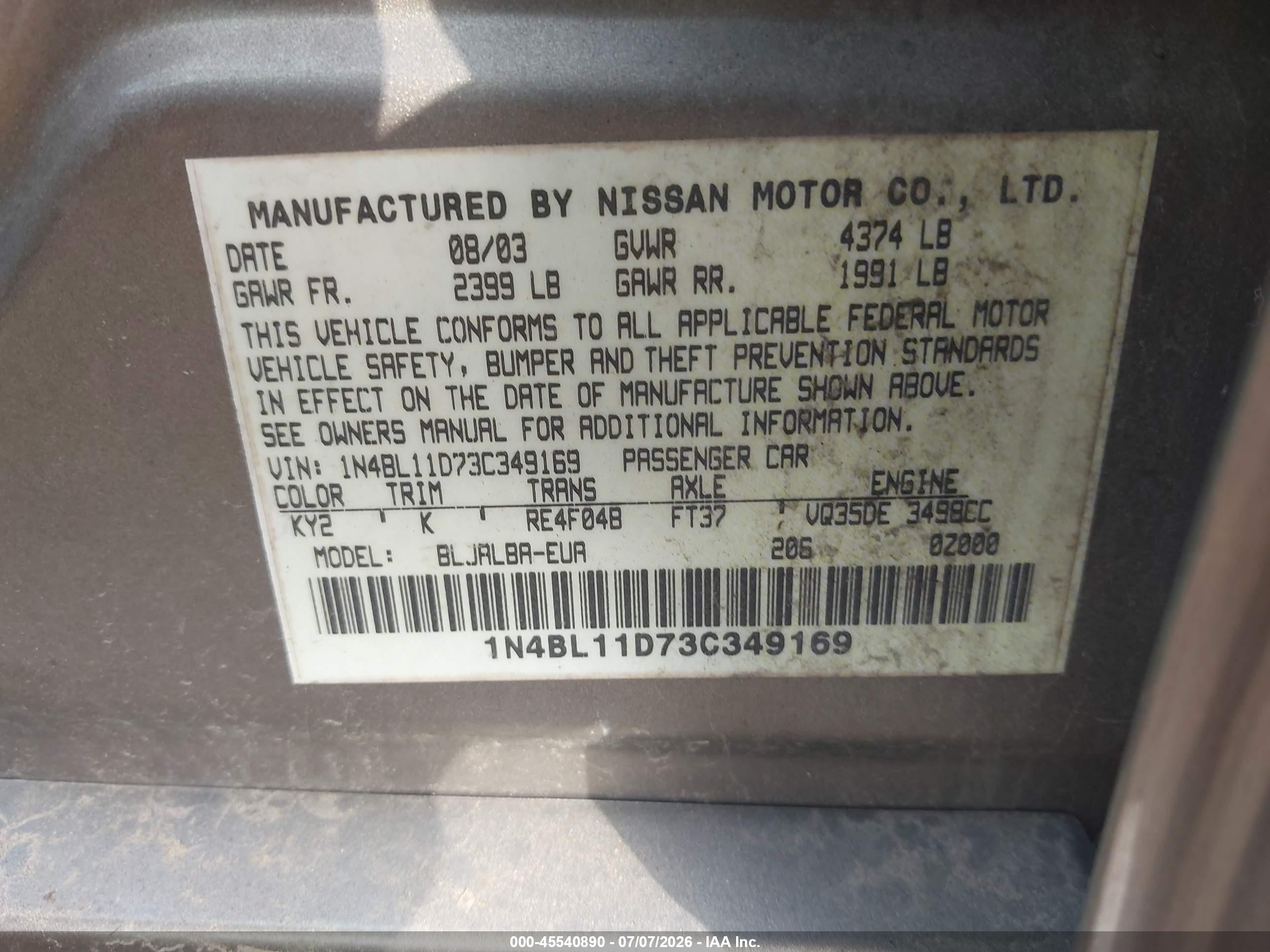 2003 Nissan Altima 3.5 Se Champagne vin: 1N4BL11D73C349169