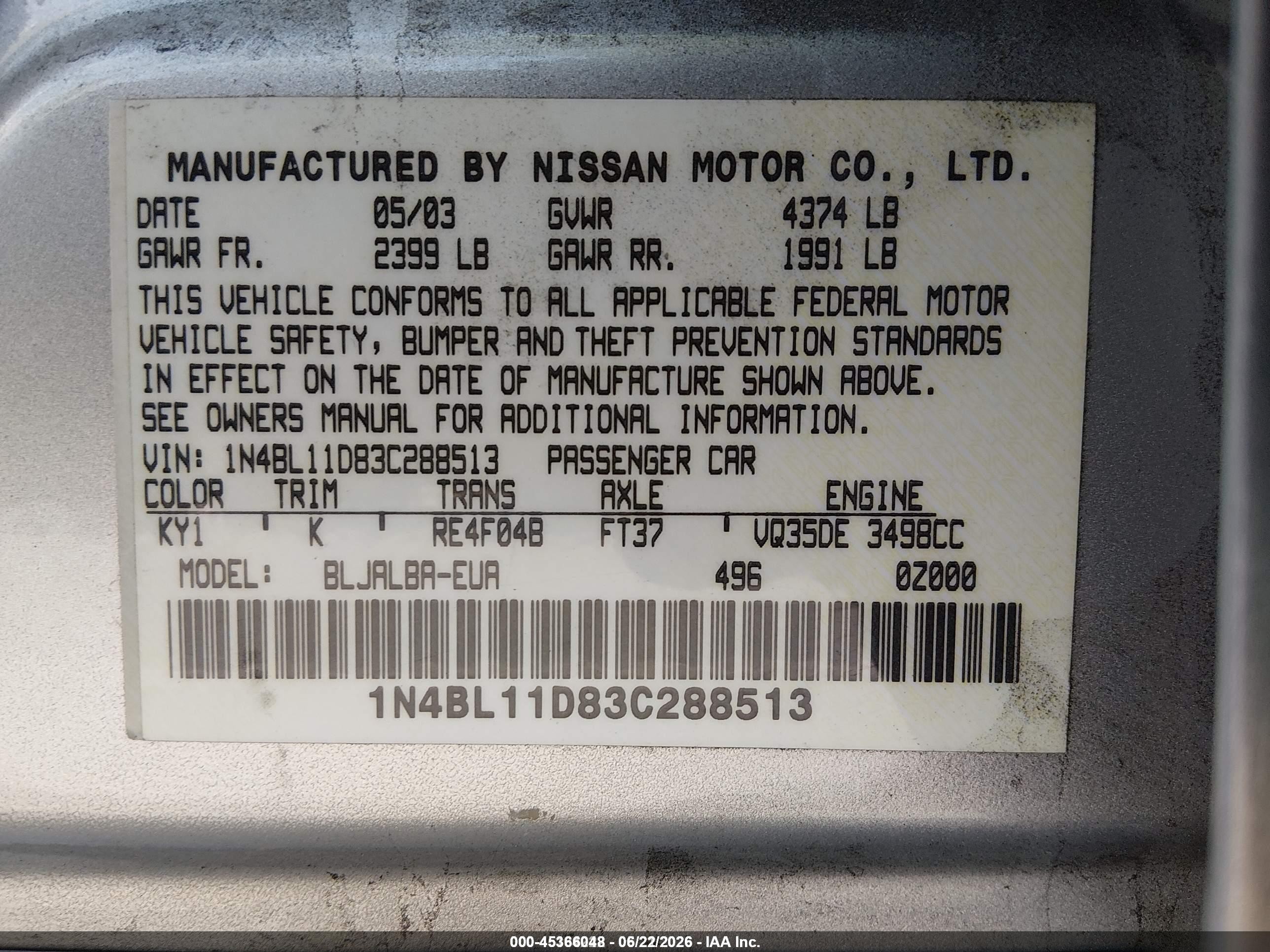 2003 Nissan Altima 3.5 Se Silver vin: 1N4BL11D83C288513