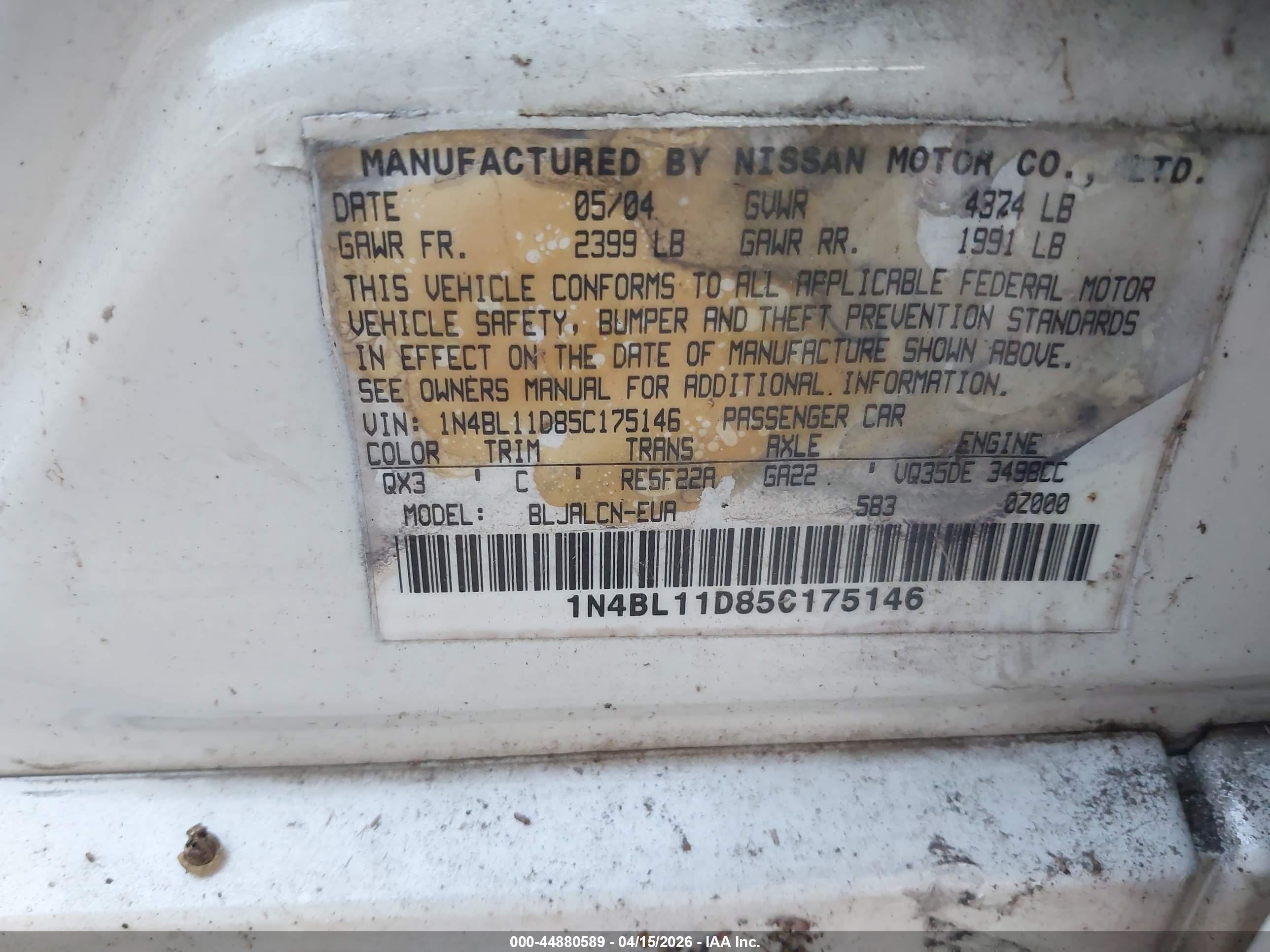 2005 Nissan Altima 3.5 Se White vin: 1N4BL11D85C175146