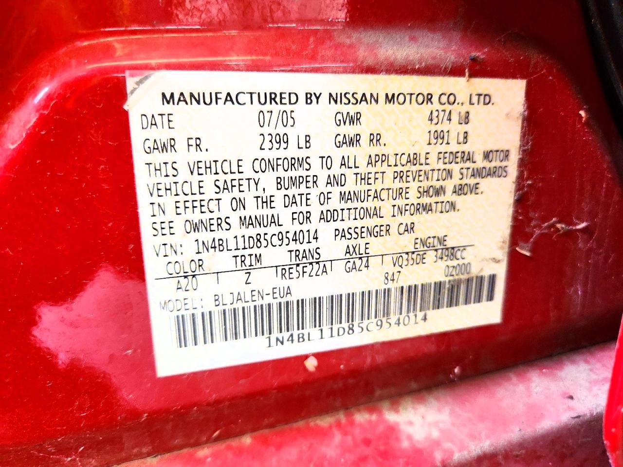 2005 Nissan Altima Red vin: 1N4BL11D85C954014