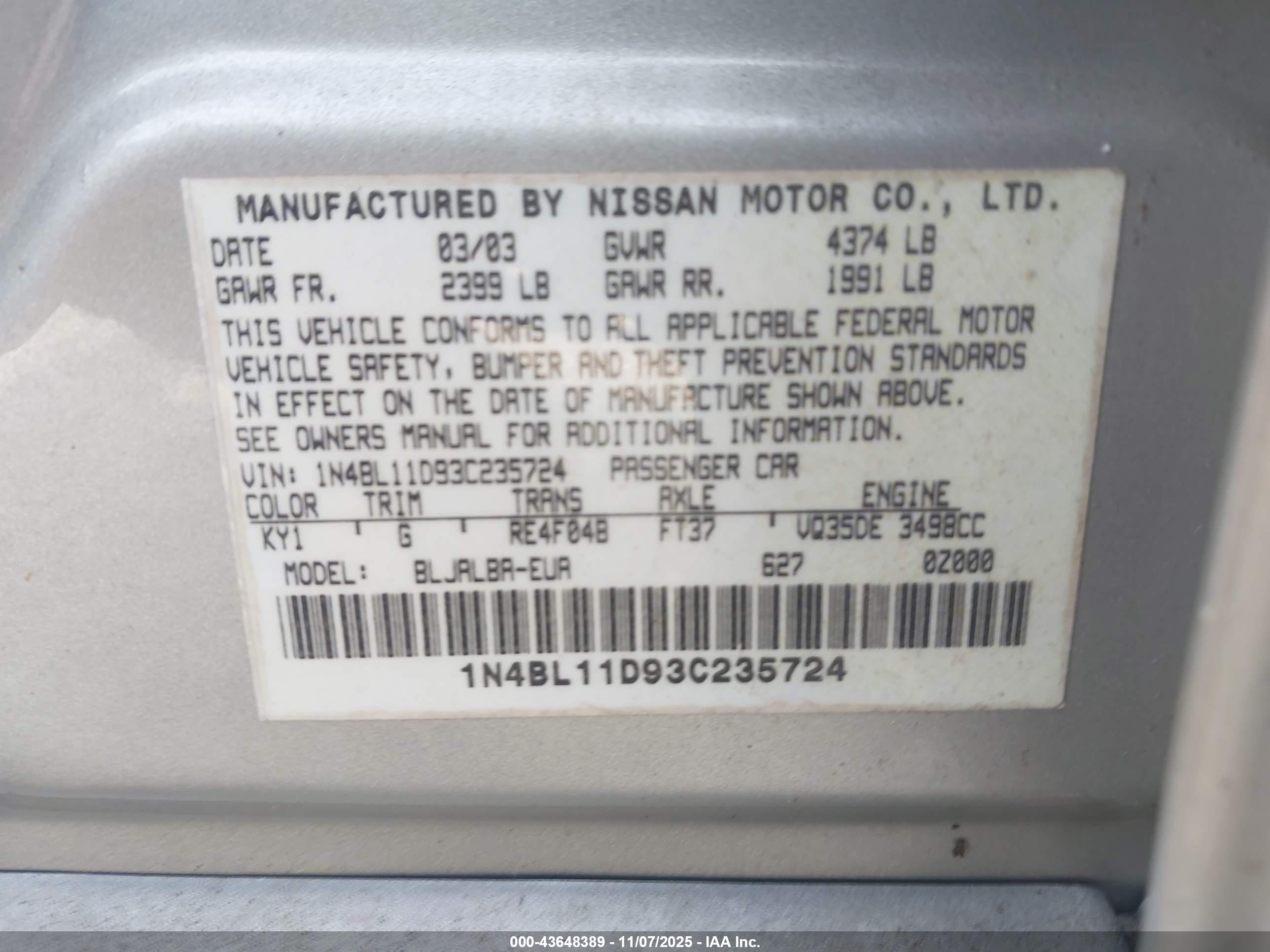 2003 Nissan Altima 3.5 Se Silver vin: 1N4BL11D93C235724