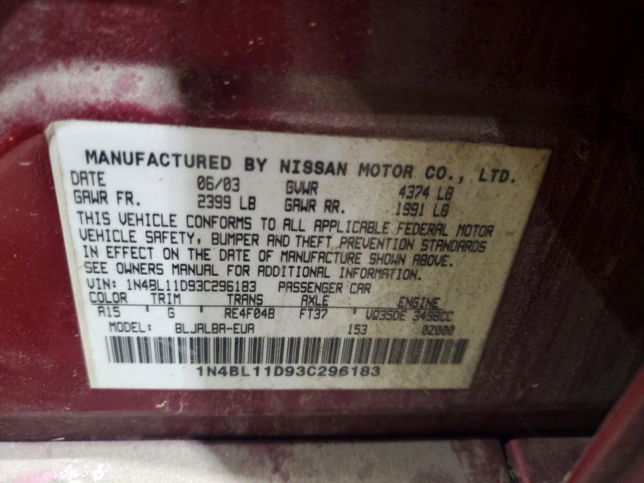 2003 Nissan Altima 3.5 Se Maroon vin: 1N4BL11D93C296183