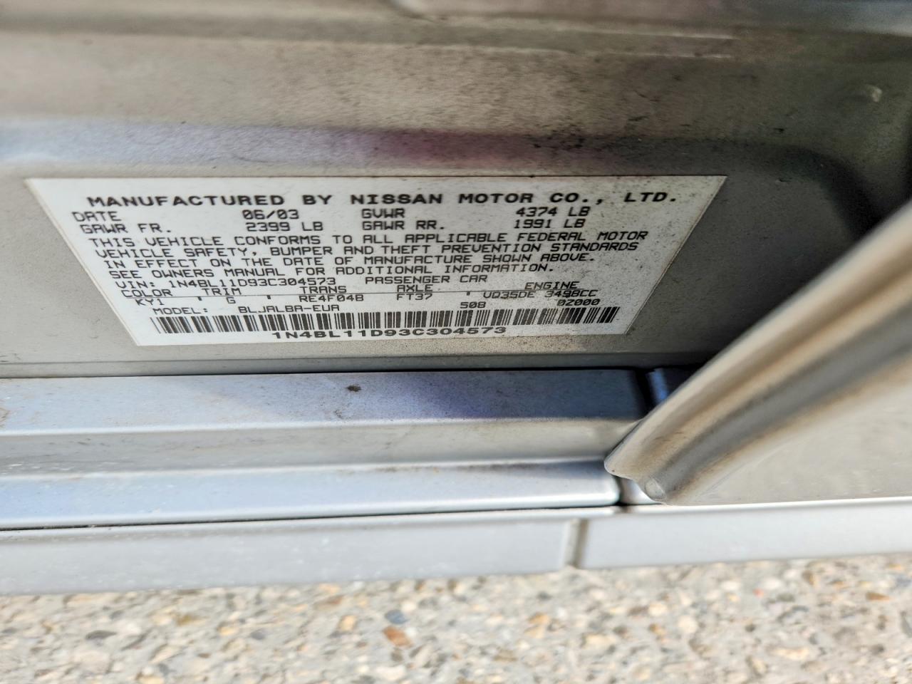 2003 Nissan Altima Se Silver vin: 1N4BL11D93C304573