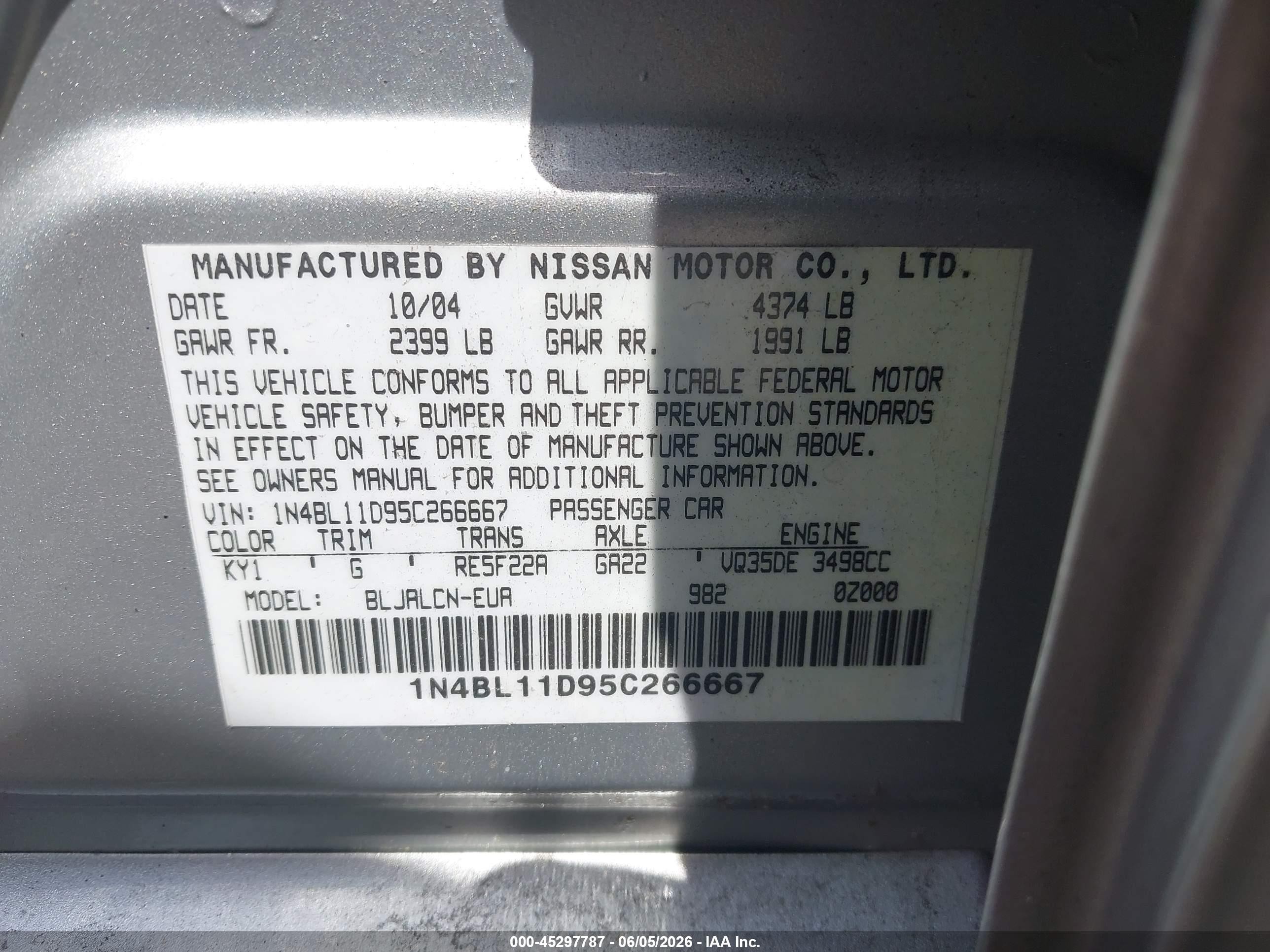 2005 Nissan Altima 3.5 Se Silver vin: 1N4BL11D95C266667